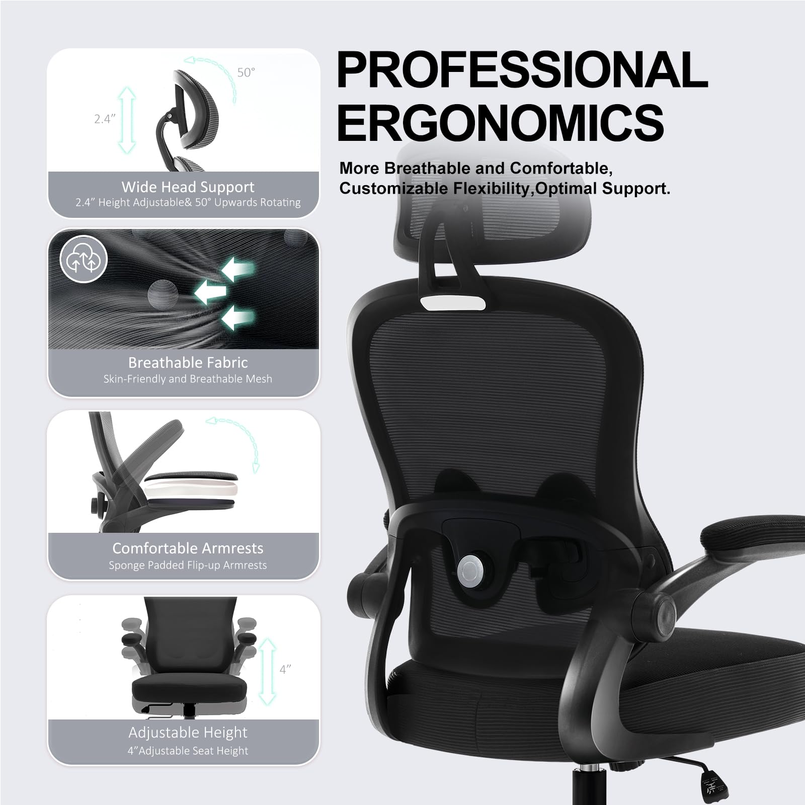 TUKAKA Ergonomic Office Chair with Adjustable Lumbar Support & Headrest - Ultra Thick Cushion, Rocking Function & Flip-Up Arms - Mesh Computer Chair for Home Office (Black) - Perfect for Long Work Hours, Gaming & Remote Work