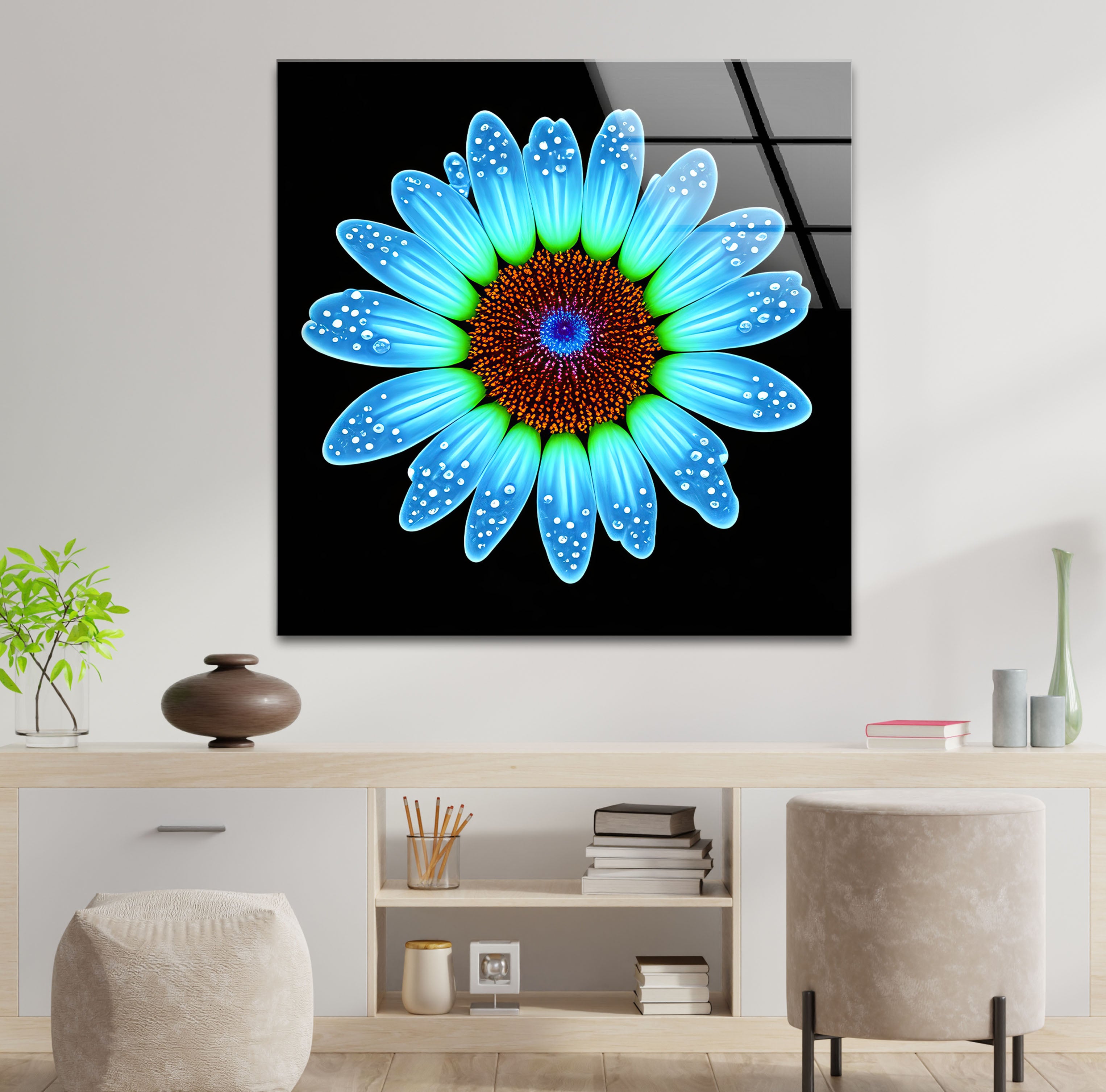 Blue Daisy Flower Wall Art - Luminous Glass Print on Black Background with Water Droplet Detail | Modern Home Decor for Living Room, Bedroom & Office | Elegant Botanical Wall Decor for Contemporary Interiors