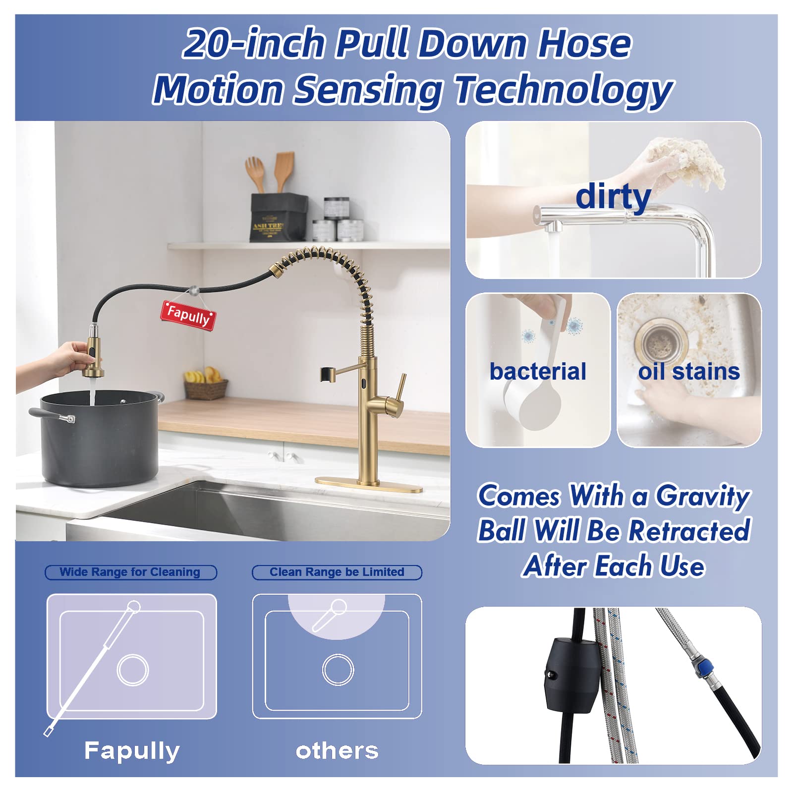 Fapully Touchless Kitchen Faucet with Pull Down Sprayer, Brushed Gold Motion Sensor Smart Single Handle Faucet for Kitchen Sink - Ideal for Modern Homes and Commercial Use