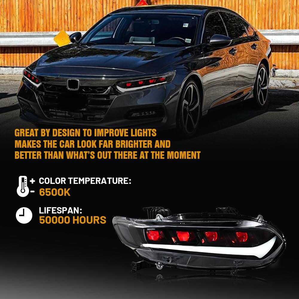 2018-2022 Honda Accord 10th Gen LED Sequential Taillights & Headlights Assembly - Compatible with EX, EX-L, LX, Sport & Touring Hybrid Models | Custom Replacement Lights with Animation Effects | Perfect for Night Driving & Car Customization