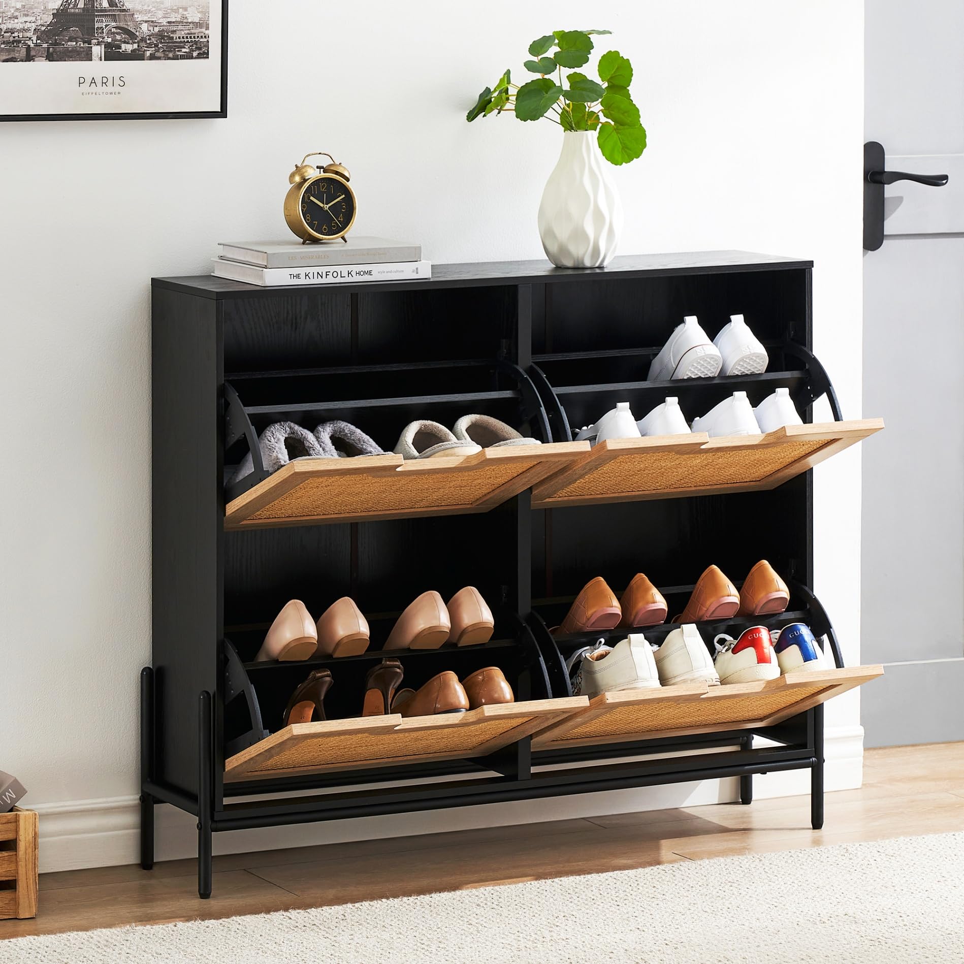 IDEALHOUSE Natural Rattan 4-Door Flip Shoe Cabinet Organizer - Freestanding Modern Shoe Rack with 3-Tier Adjustable Shelves for Entryway, Closet, Hallway - Perfect for Small Spaces, Apartment Living & Home Organization