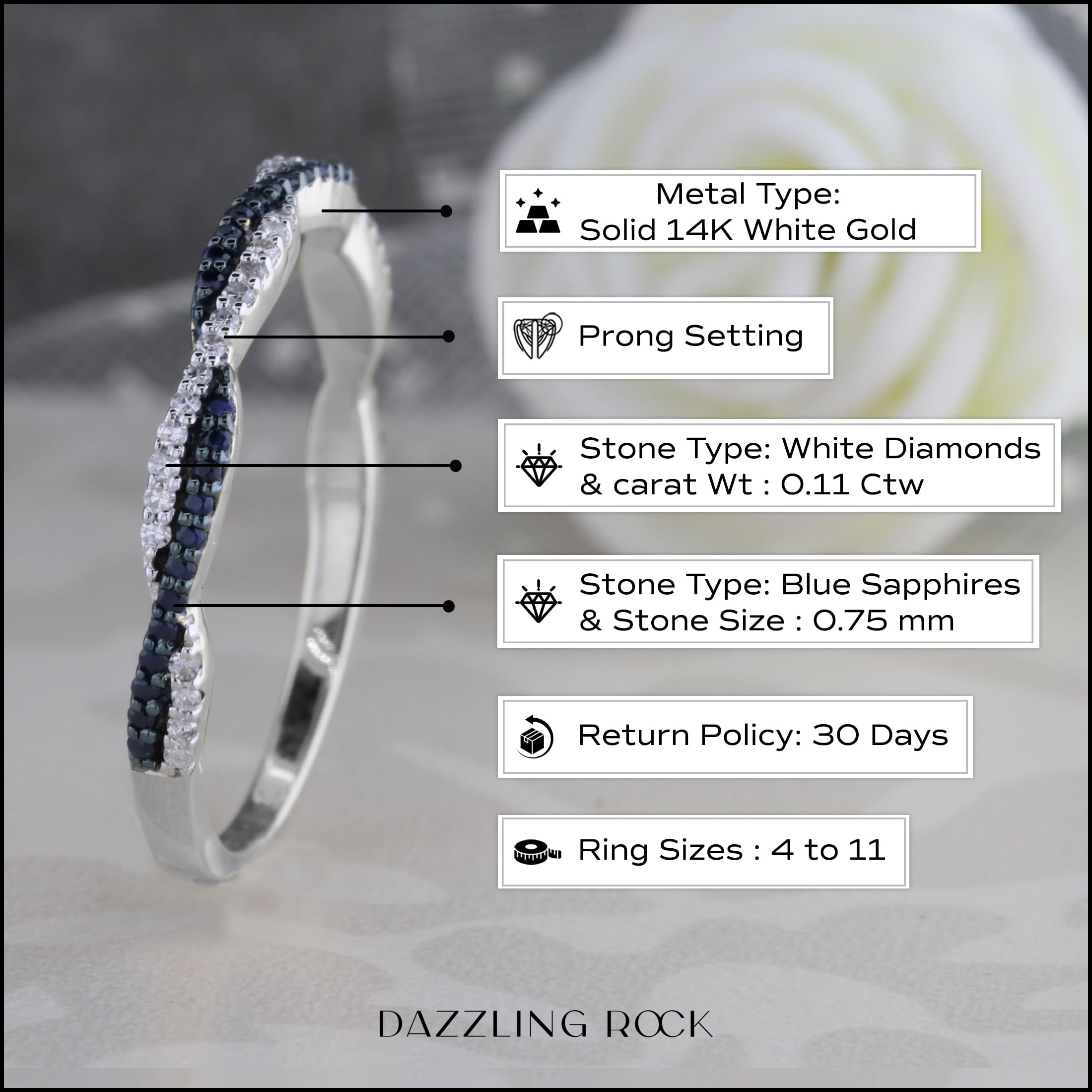 14K Solid Gold Round Blue Sapphire & White Diamond Swirl Stackable Ring for Women | Elegant Wedding, Anniversary & Party Jewelry Gift | Dazzlingrock Collection