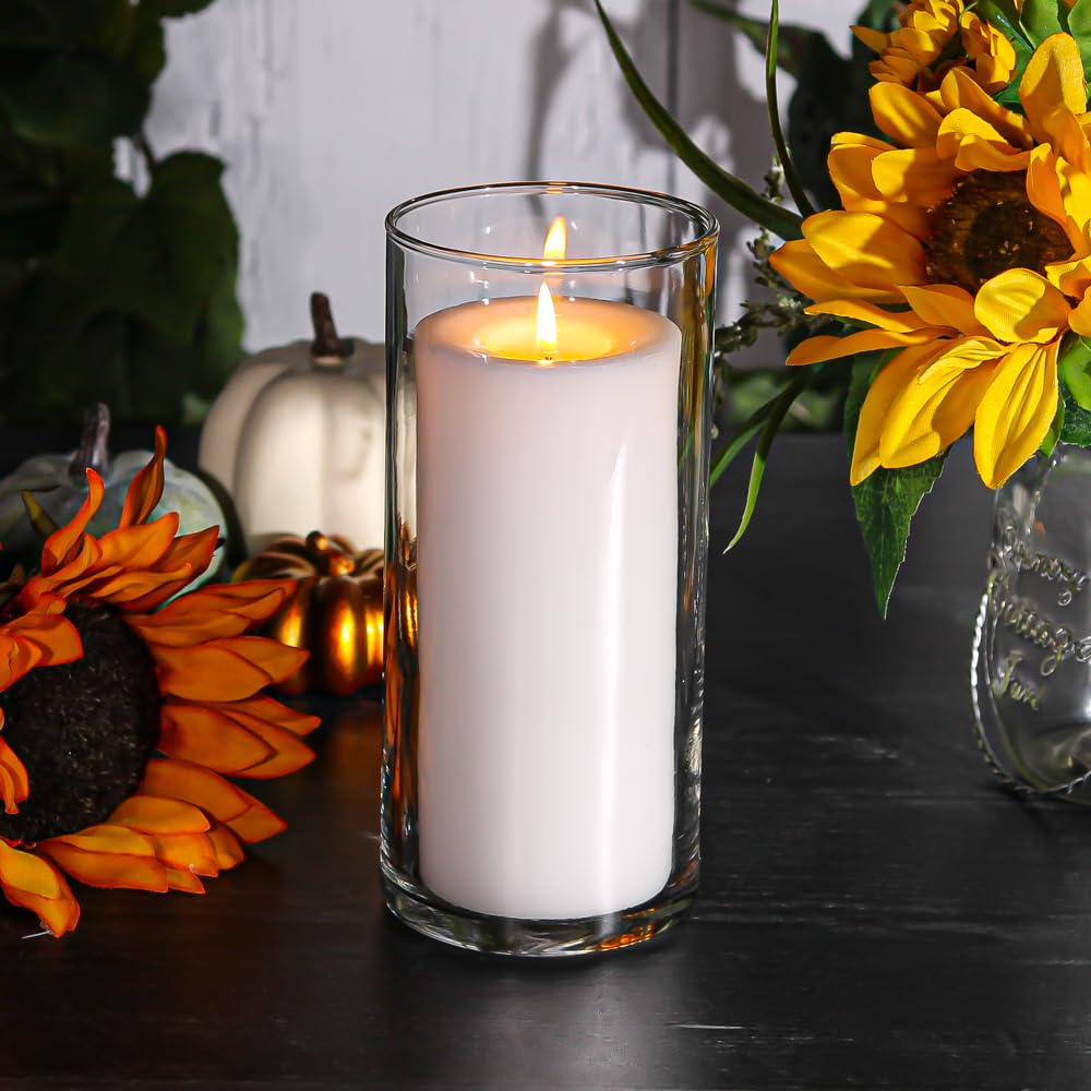 12 Pack Eastland Glass Cylinder Vases 7.5 Inch & 12 Richland Pillar Candles 6 Inch White - Perfect for Weddings, Centerpieces, Home Decor and Romantic Ambiance