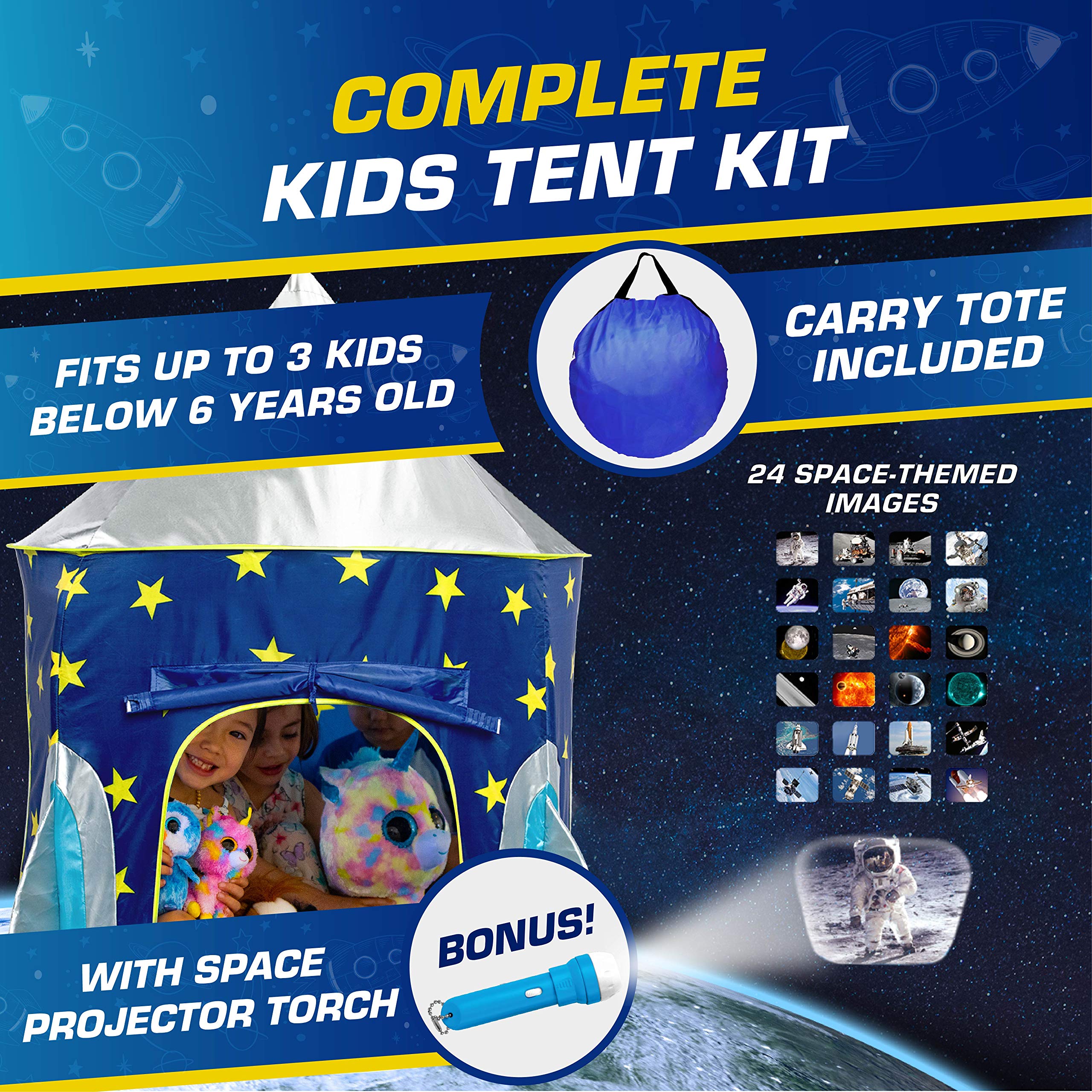 USA Toyz Rocket Ship Pop Up Kids Tent - Indoor Playhouse for Boys & Girls with Space Projector Toy & Carry Bag | STEM Learning Toy, Birthday Gift, Imaginative Play Space for Bedrooms & Playrooms