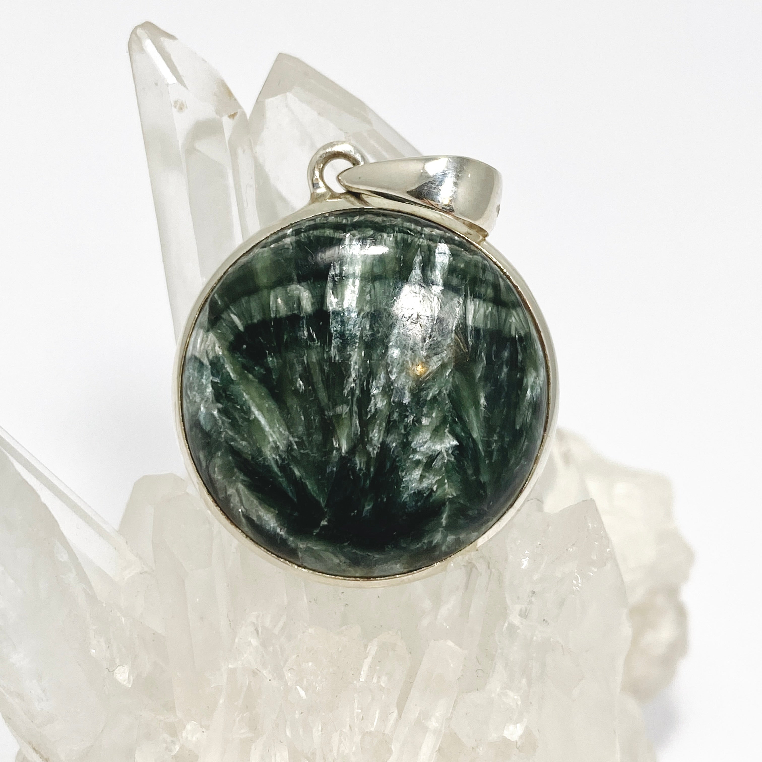 Natural Seraphinite Round Cabochon Pendant Necklace - Handmade Silver Jewelry for Women | Perfect for Meditation, Healing & Spiritual Gifts