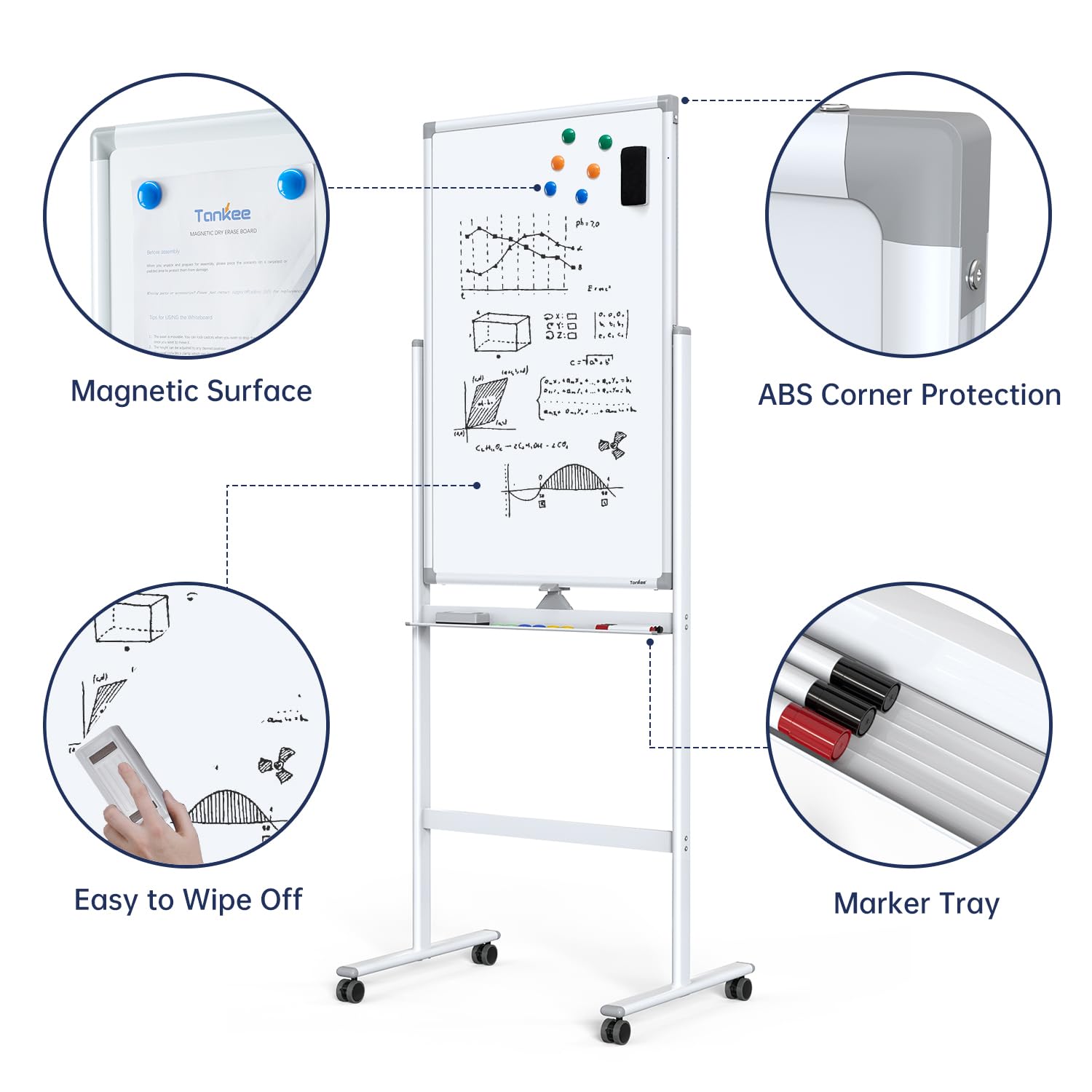 TANKEE 40x24 Inch Mobile Magnetic Dry Erase Board - Double Sided Rolling Whiteboard Easel with Aluminum Frame for Office, Home & Classroom | Portable Standing White Board for Presentations, Teaching & Brainstorming
