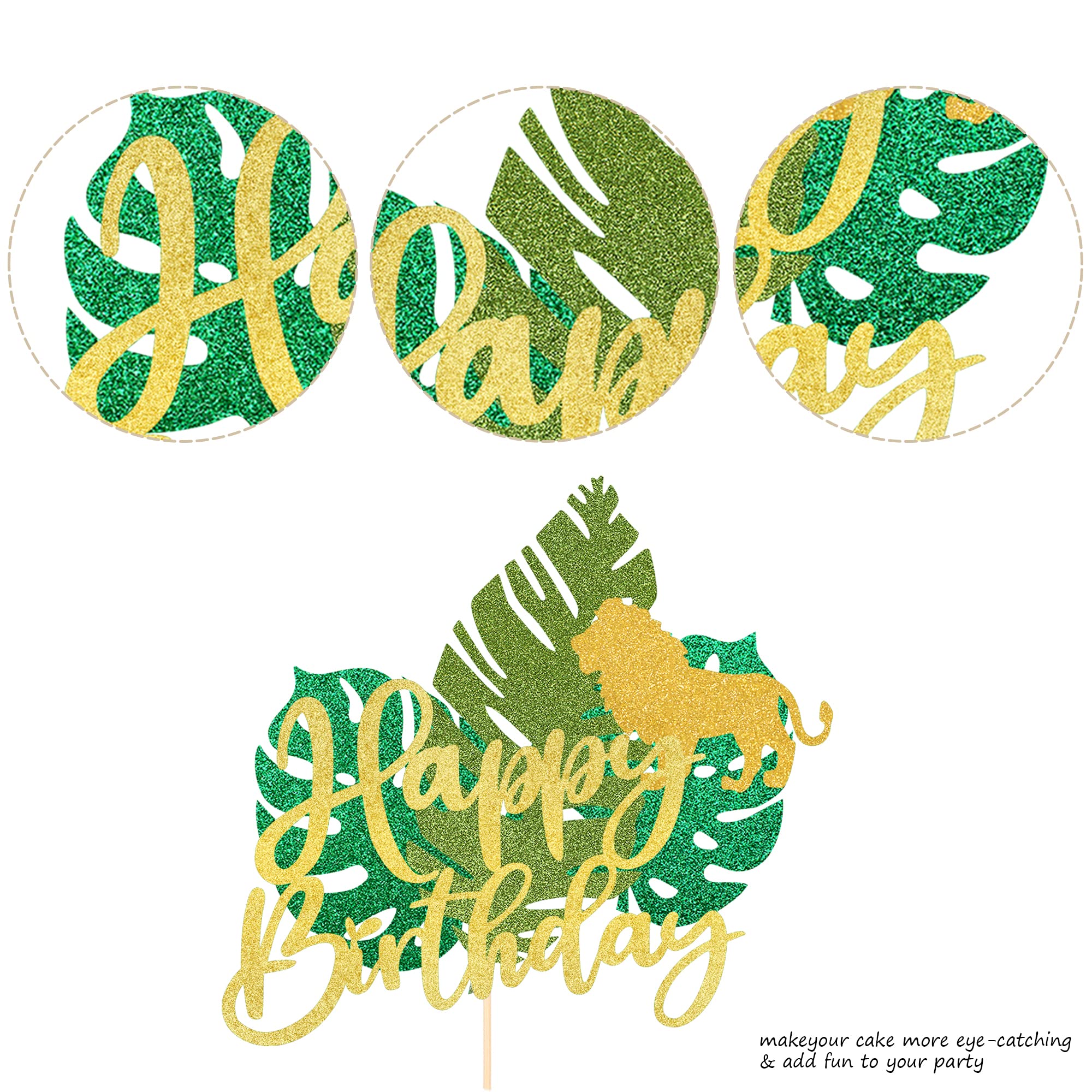 Rsstarxi 1 Pack Happy Birthday Tropical Leaves Cake Topper with Glitter Jungle Animal Lion Cake Picks - Jungle Theme Party Decorations for Baby Showers, Kids Birthday Parties & Cake Decorating | Perfect for Safari, Zoo, and Jungle Themed Celebrations