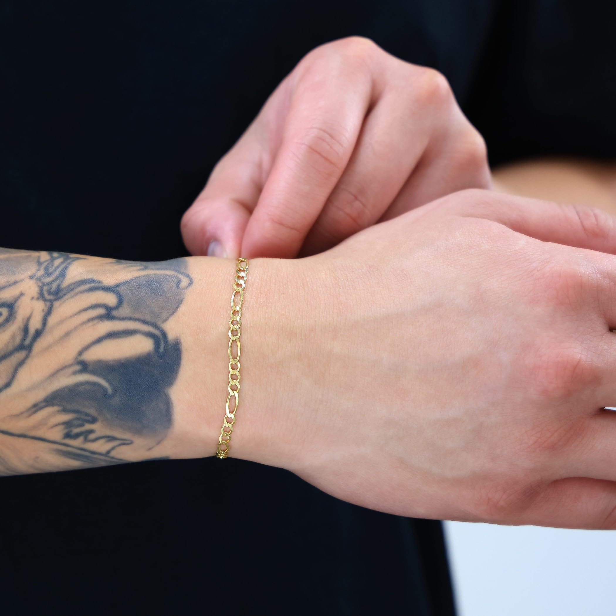 14K Real Yellow Gold Solid Figaro Link Chain Bracelet 3.5mm - Italian Jewelry for Men & Women (7