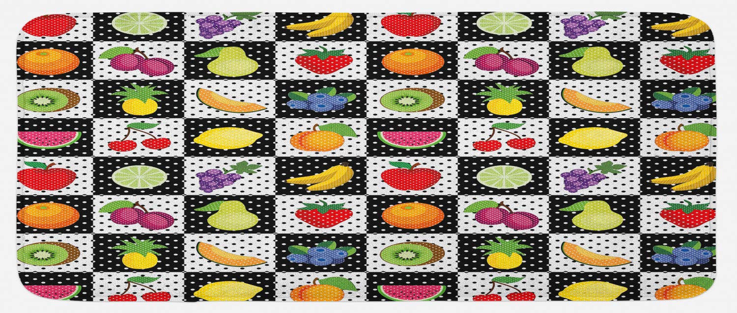 Ambesonne Non-Slip Kitchen Rug - Black & White Chess Pattern with Fruits & Vegetables Design, Plush Decorative Floor Mat for Kitchen (47