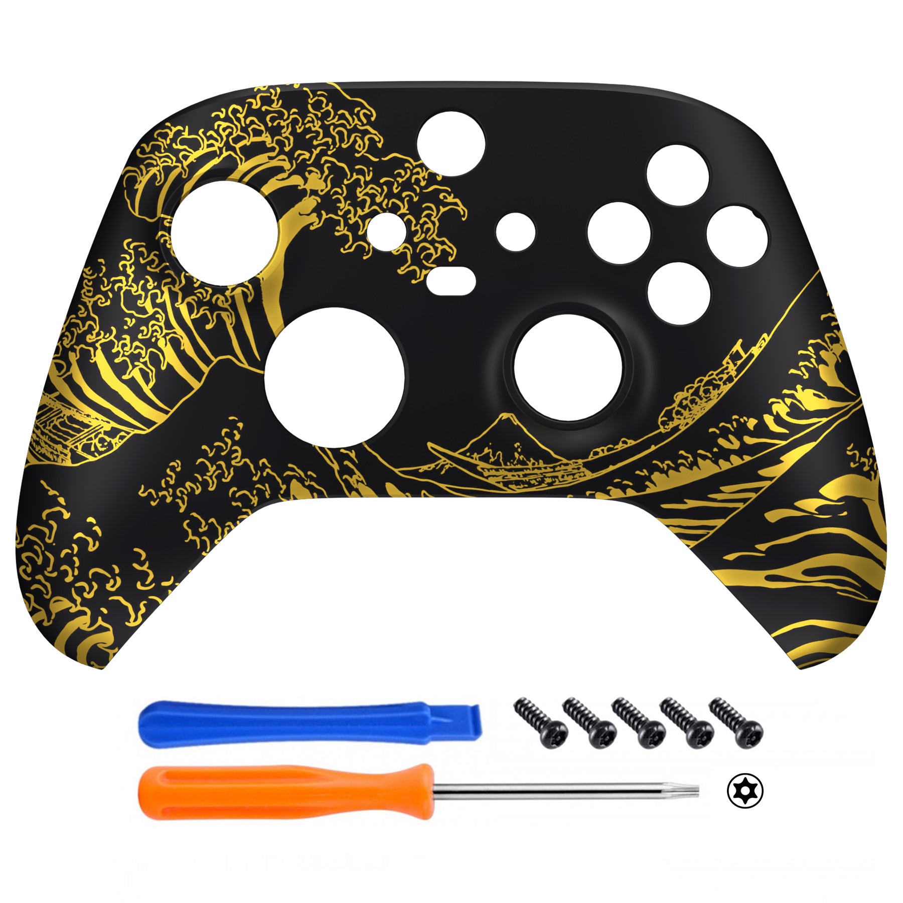 eXtremeRate Replacement Front Housing Shell for Xbox Series X & S Controller - Golden Wave Off Kanagawa Design - Black - Perfect for Gaming & Customization