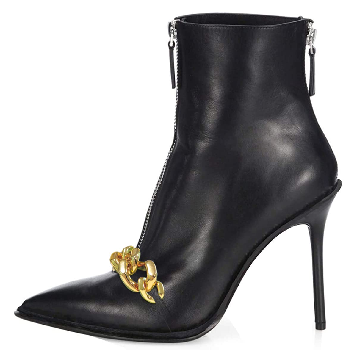 XYD Women's Fashion Double Zipper Ankle Boots with Gold Chain - Pointed Toe Stiletto High Heel Club Booties for Party, Night Out & Evening Events