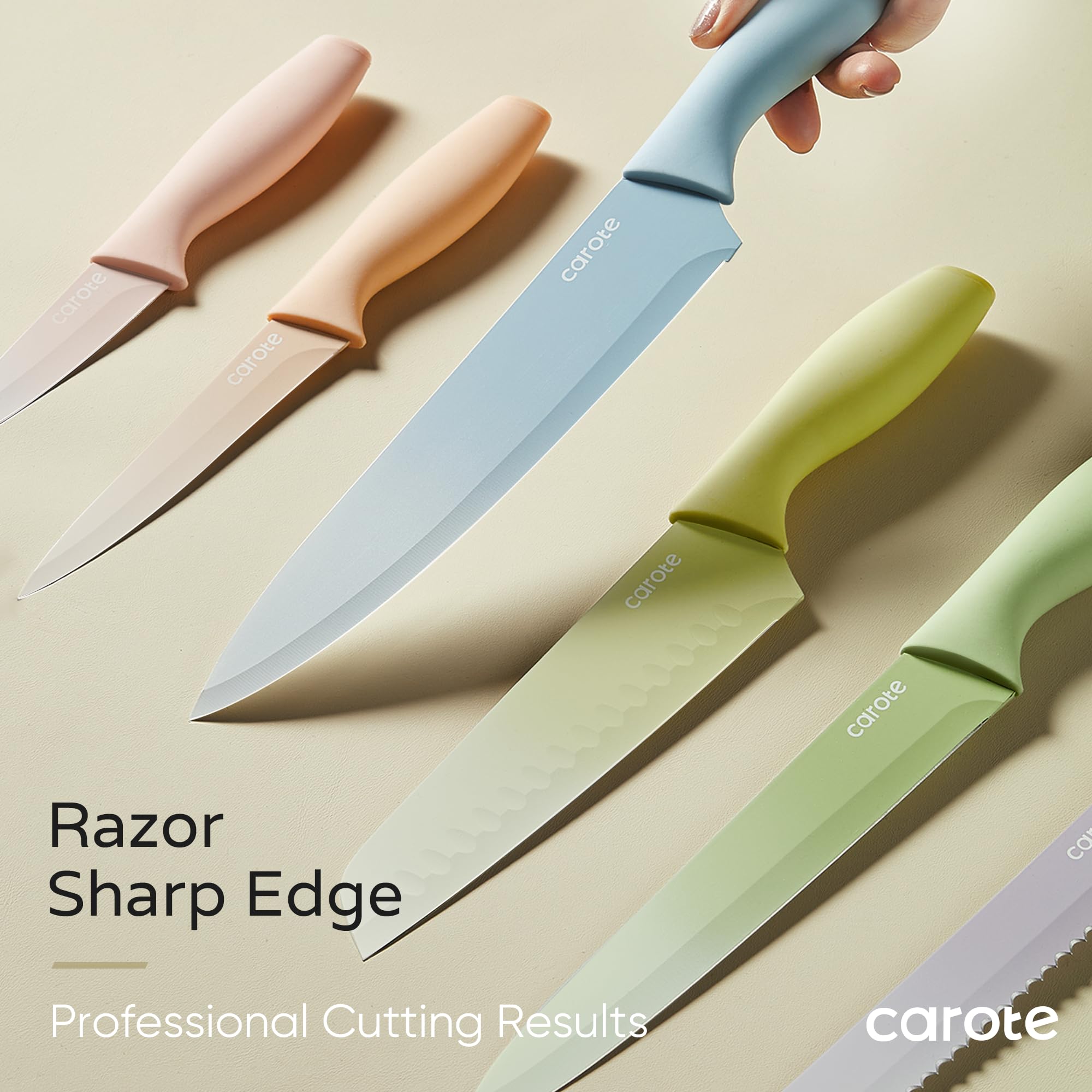CAROTE 12-Piece Kitchen Knife Set - Stainless Steel Blades with Ceramic Nonstick Coating, Dishwasher Safe Cutlery with Blade Guards (Multicolor) - Perfect for Home Cooking, Professional Chefs & Gift Giving
