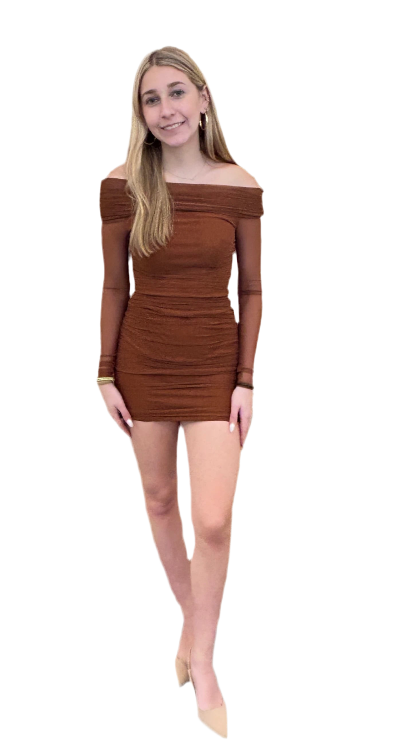Brown Ruched Mesh Off-Shoulder Mini Dress - Sexy Summer Cocktail Party & Date Night Outfit for Women