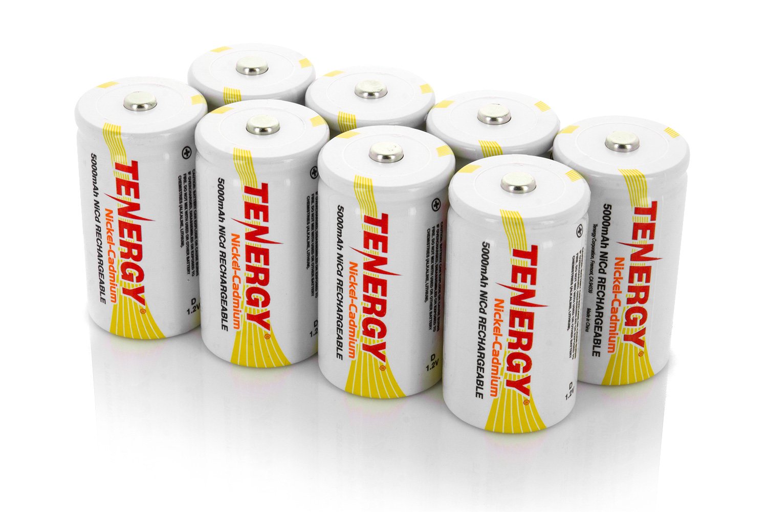Tenergy D Size 5000mAh NiCd Rechargeable Batteries with Button Top - 8 Pack for Flashlights, Toys, and Emergency Power Backup