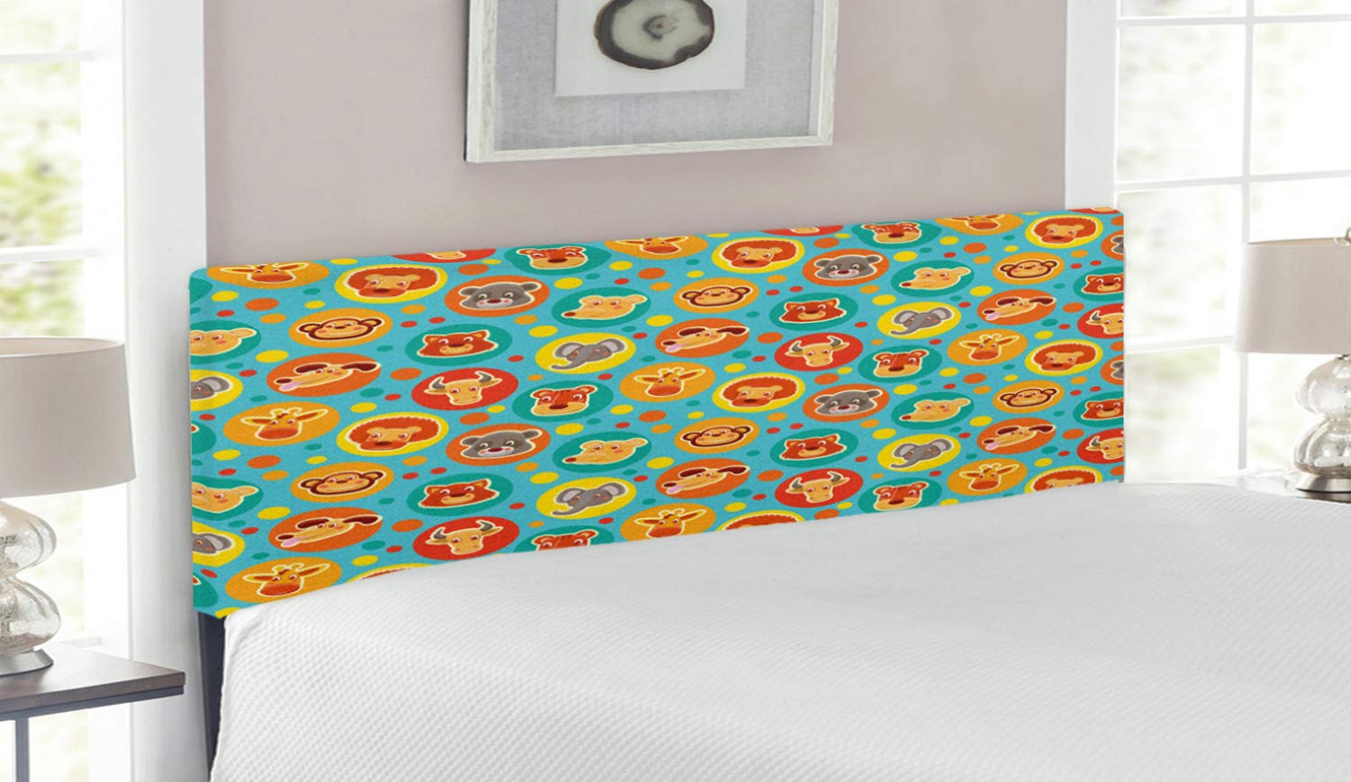 Ambesonne Cartoon Animal Headboard - Colorful Dots with Fun Character Designs, Upholstered Decorative Metal Bed Frame with Memory Foam, Queen Size, Multicolor | Perfect for Kids' Bedrooms, Nursery Decor & Playful Home Interiors