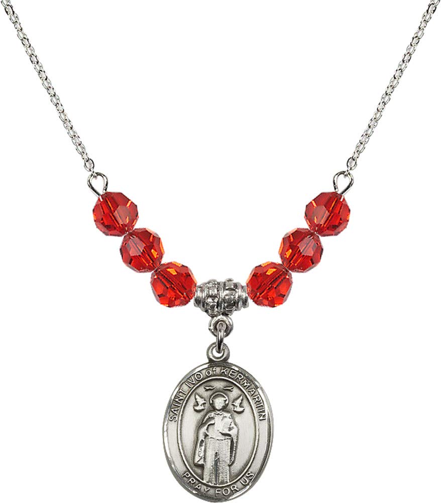 Bonyak 18 Inch Rhodium Plated Necklace with 6mm Red July Birthstone Beads & Saint Ivo of Kermartin Charm - Perfect for Birthday Gifts, Anniversary Presents, and Spiritual Jewelry Lovers