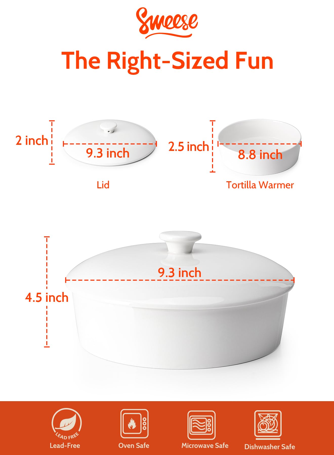 Sweese Porcelain Tortilla Warmer - Holds 12 Tortillas, Microwave & Oven Safe Ceramic Tortilla Server with Lid - Perfect for Taco Tuesday, Mexican Fiesta Party, Family Gatherings & Dinner Entertaining - White