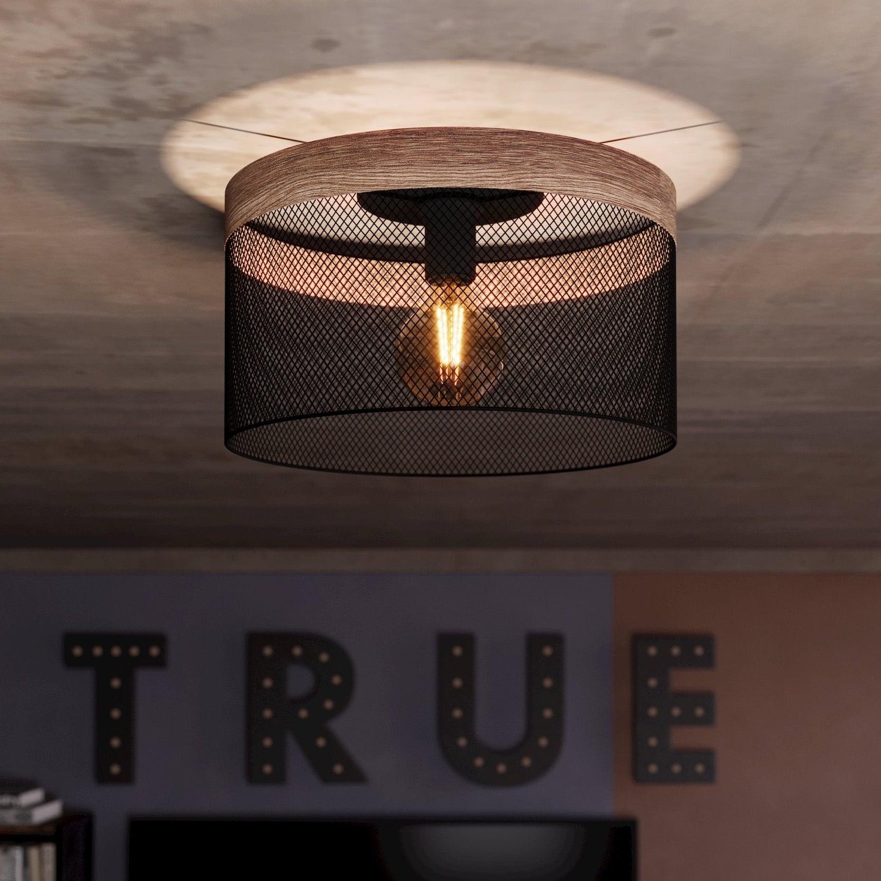 Eglo Kilnsdale Modern Flush Mount Ceiling Light - Wood & Black Metal Mesh Design - Perfect for Bedroom, Living Room, and Dining Room Lighting