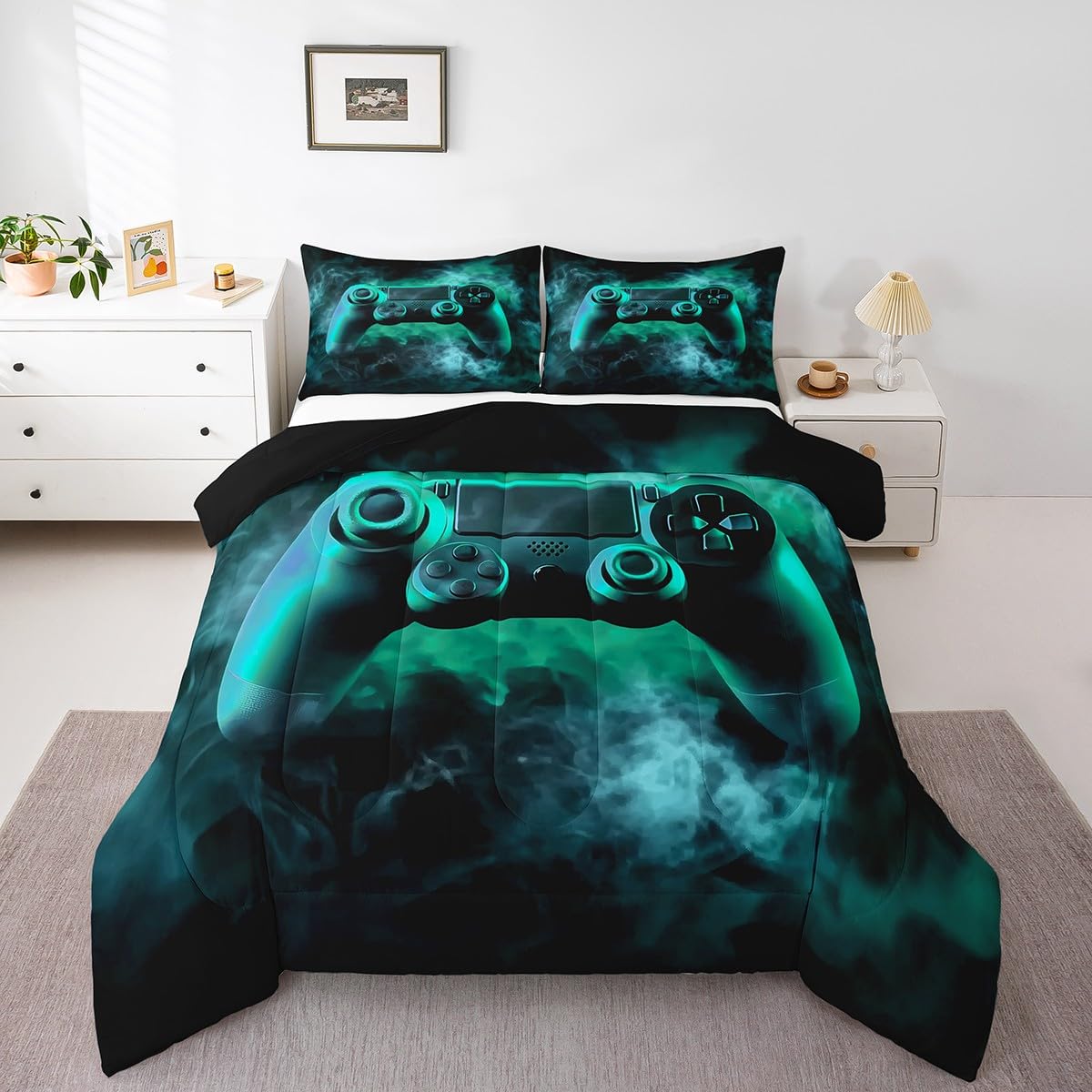 Erosebridal King Size Gaming Bedding Set for Boys & Kids - Green Gamer Comforter Set with Toddler Bed Sheets - Perfect for Teen Bedrooms, Game Room Decor & Sleepovers