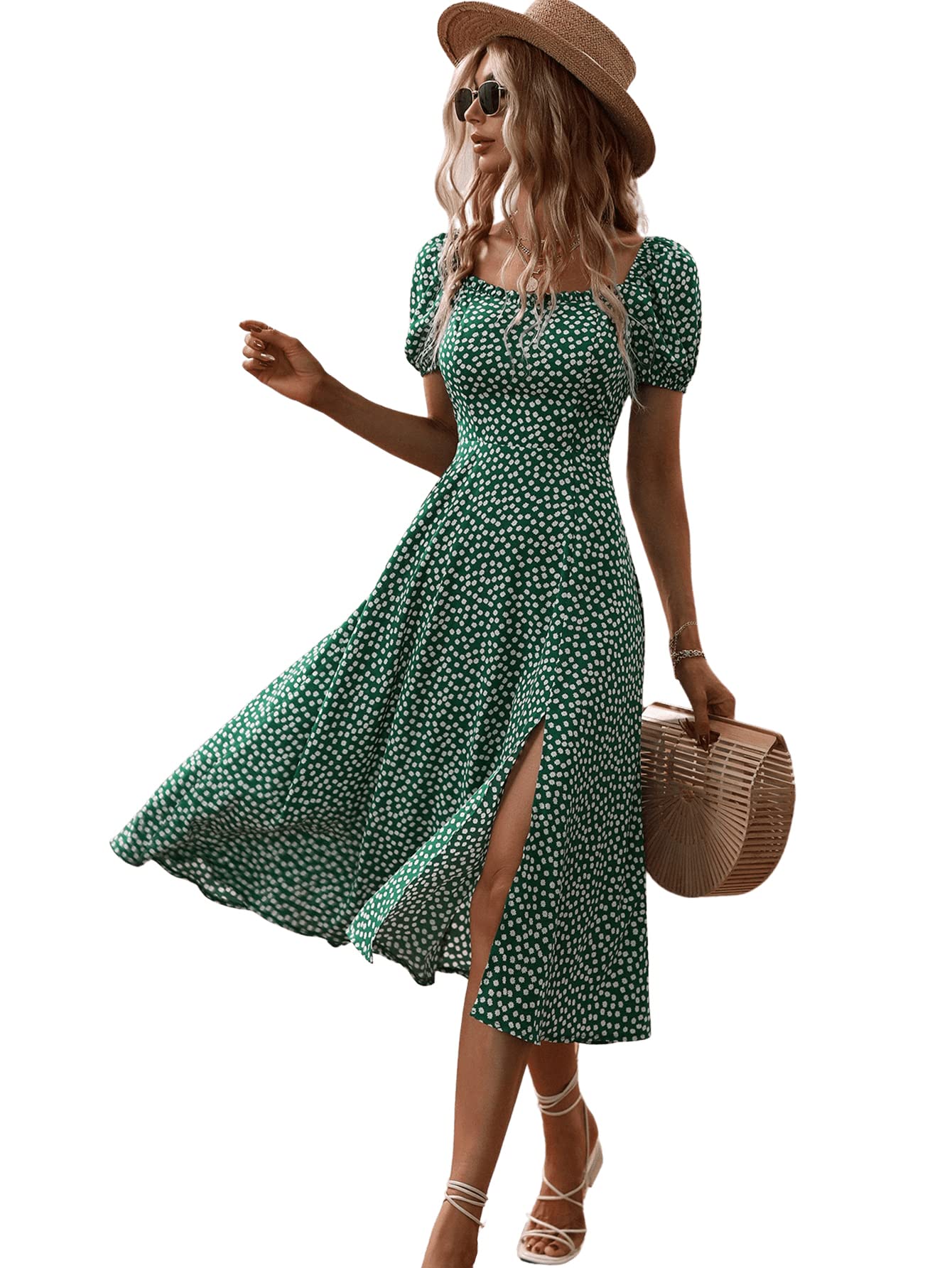 SweatyRocks Women's Boho Floral Midi Dress - Short Puff Sleeve, A-Line Flare with Slit | Perfect for Summer Outfits, Beach Vacations & Boho Chic Style