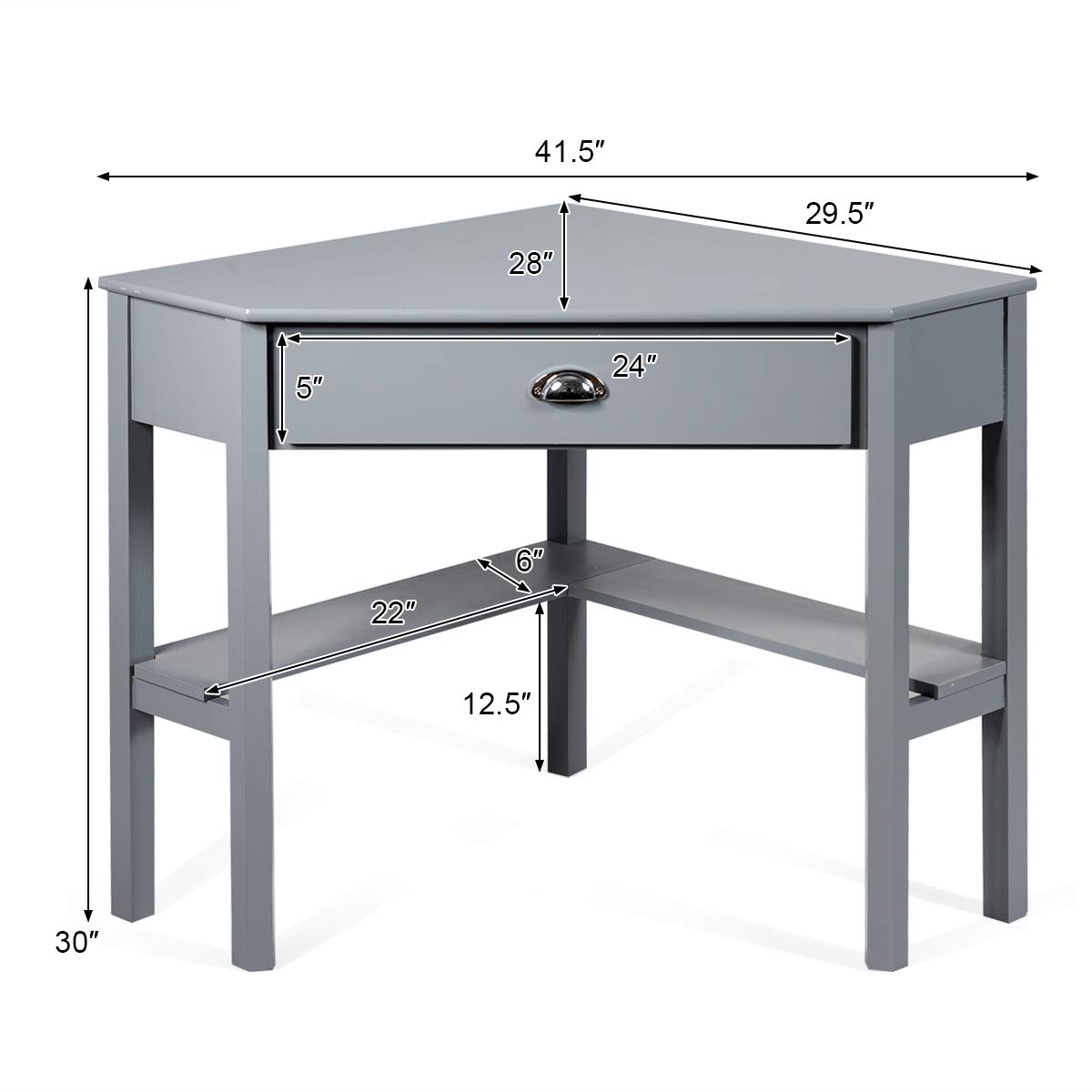 KOTEK Corner Desk with Drawer and Shelves - Wooden Home Office Desk, Triangle Computer Desk for Small Spaces, Writing Study Desk & Workstation, Makeup Vanity Table (Grey) - Perfect for Home Office, Gaming Setup, Dorm Room & Bedroom Workspace