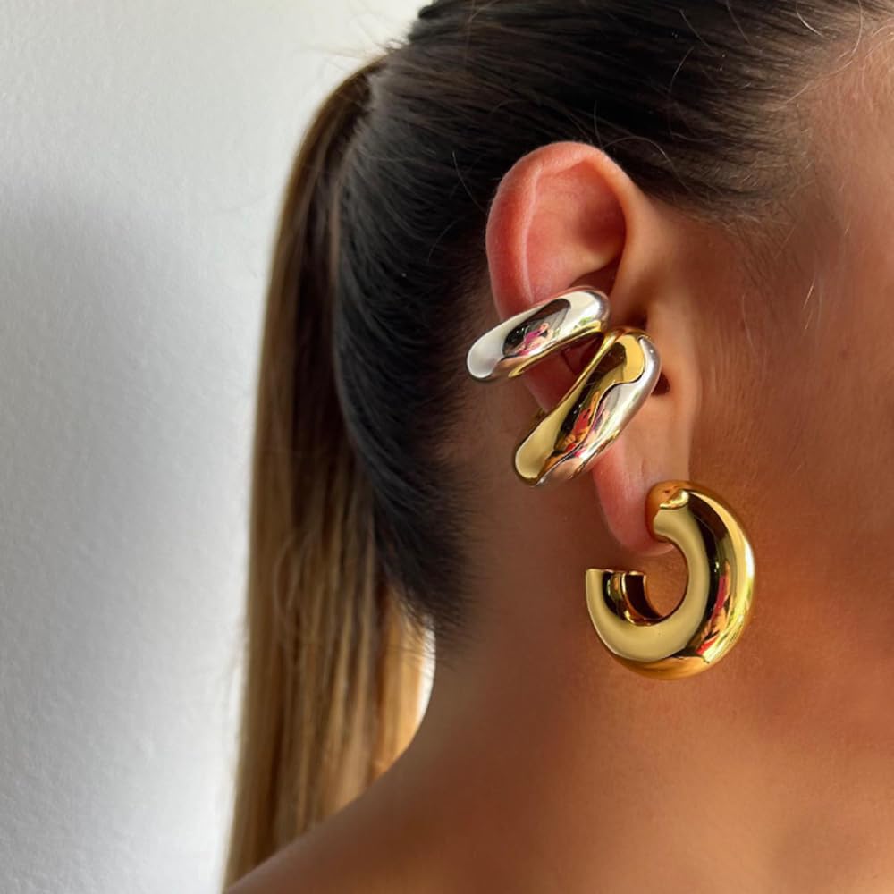 Chunky Gold & Silver Clip-On Ear Cuffs for Women - Non-Pierced Cartilage Earrings, Huggie Hoop Wrap Ear Jewelry - Perfect for Parties, Weddings & Everyday Wear