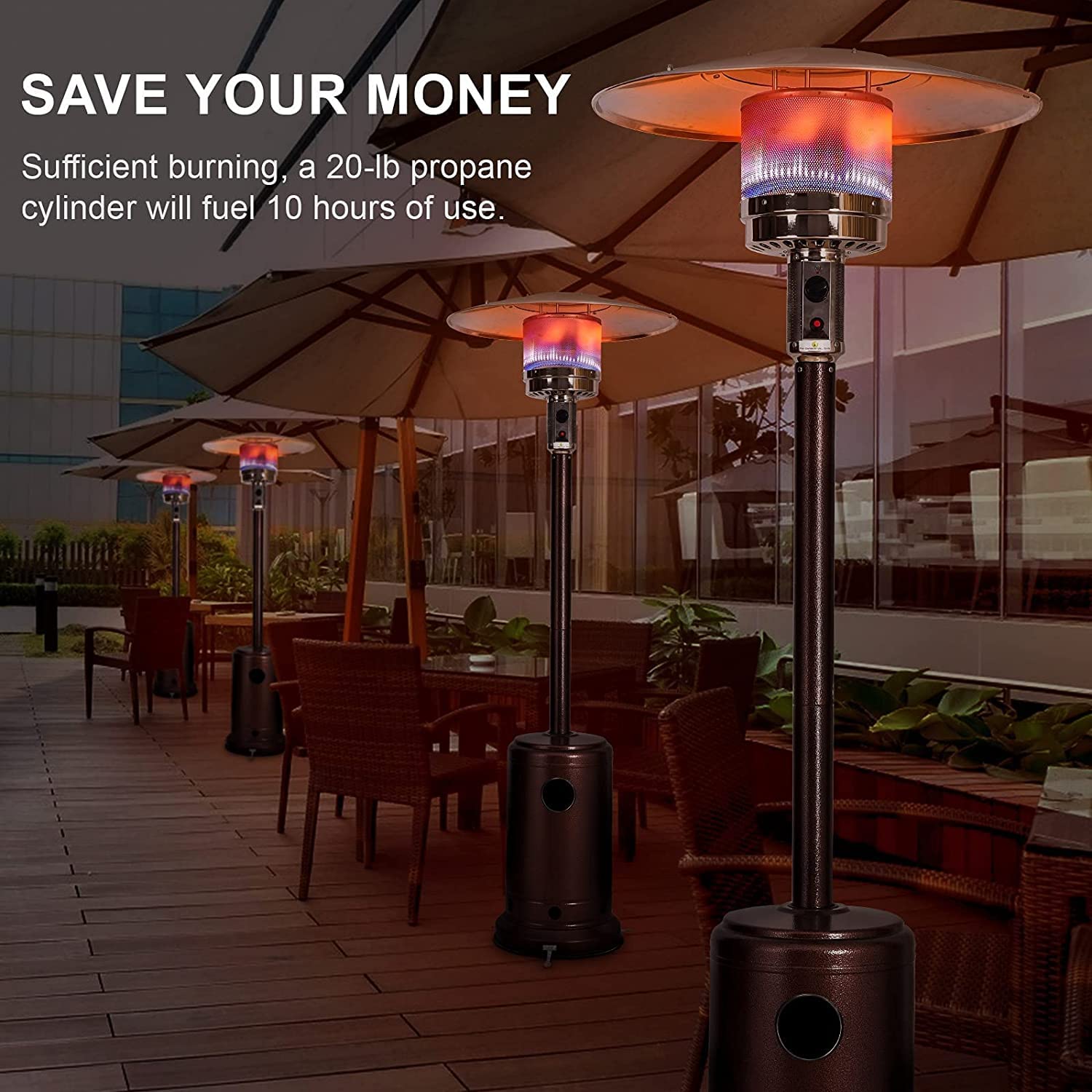 Outdoor Propane Patio Heater 48,000 BTU - CSA Certified Tall Standing Steel Heater with Hammered Bronze Finish, Cover & Pulley Accessories for Garden, Backyard, Deck, and Restaurant Outdoor Heating
