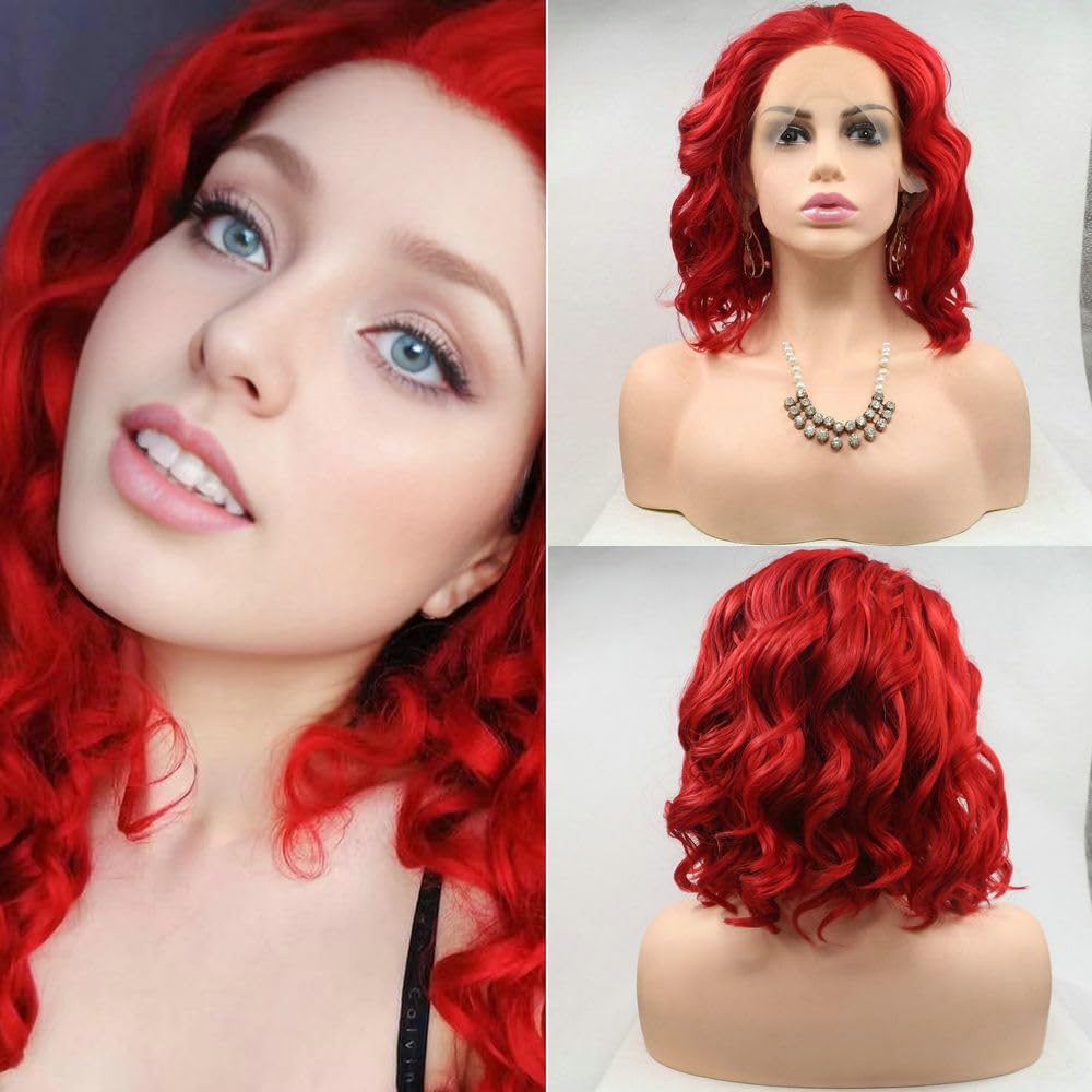 SereneWig Summer Short Hot Red Wigs for Women - 14Inch Synthetic Lace Front Bob Wigs with Heat Resistant Fiber | Cosplay, Daily Use & Party Hairstyle | Shoulder Length Curly Mermaid Red Hair