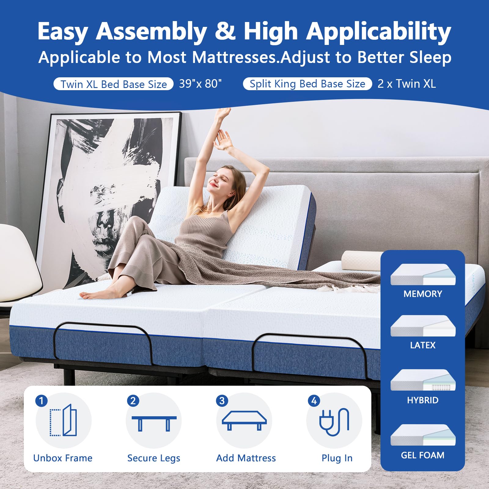Twin XL Adjustable Bed Base with 12 Inch Gel Memory Foam Mattress - Medium Firm Mattress in a Box, Wireless Remote Control, Head/Foot Lift Electric Smart Bed Frame - Perfect for Back Pain Relief, Reading & Watching TV in Bed
