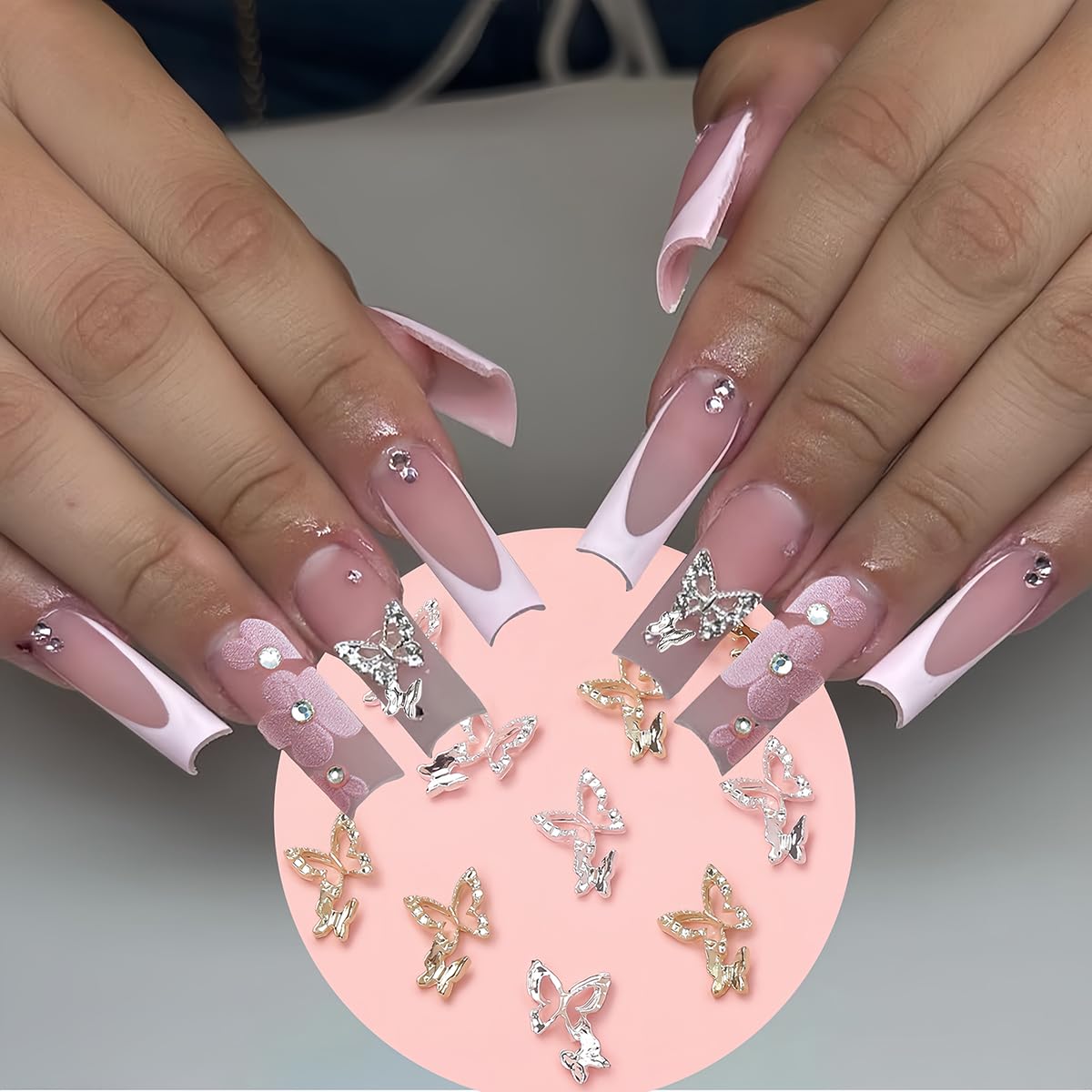 20Pcs 3D Alloy Butterfly Nail Charms - Shiny Gold & Silver Metal Crystal Rhinestones for Acrylic Nails, DIY Nail Art Decorations - Perfect for Bridal, Party, and Festival Nail Designs