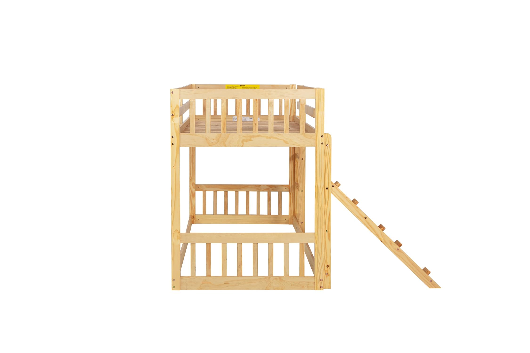 Harper & Bright Designs Twin Over Twin Bunk Bed with Climbing Ramp & Ladder - Safe Playhouse Floor Bunk Bed for Kids with Sturdy Guardrails - Natural Wood Finish - Perfect for Small Bedrooms, Shared Kids' Rooms & Sleepovers