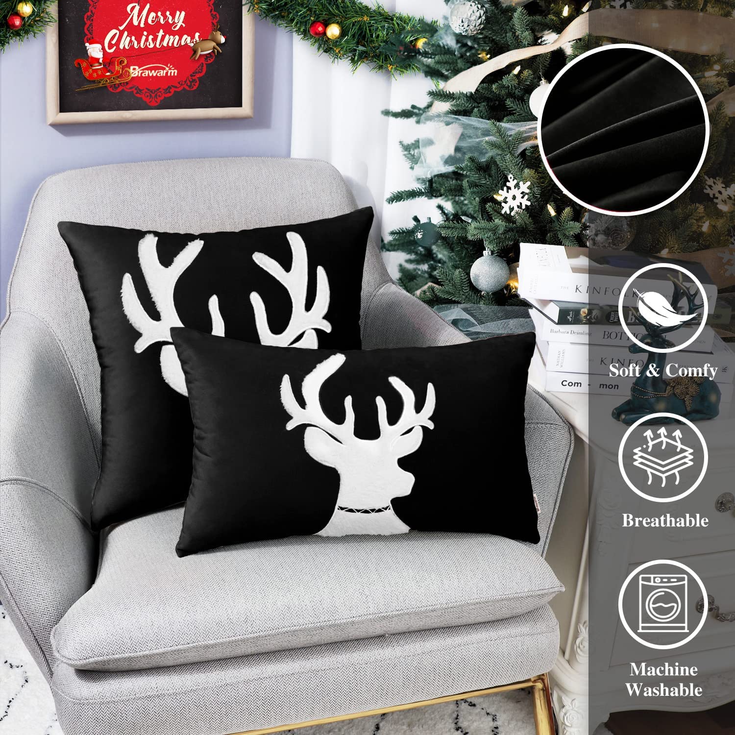BRAWARM Christmas Pillow Cover 20x20 Inches - Black Reindeer Embroidered Velvet Throw Pillow for Couch, Bed, Sofa - Cozy Holiday Decor for Living Room & Home