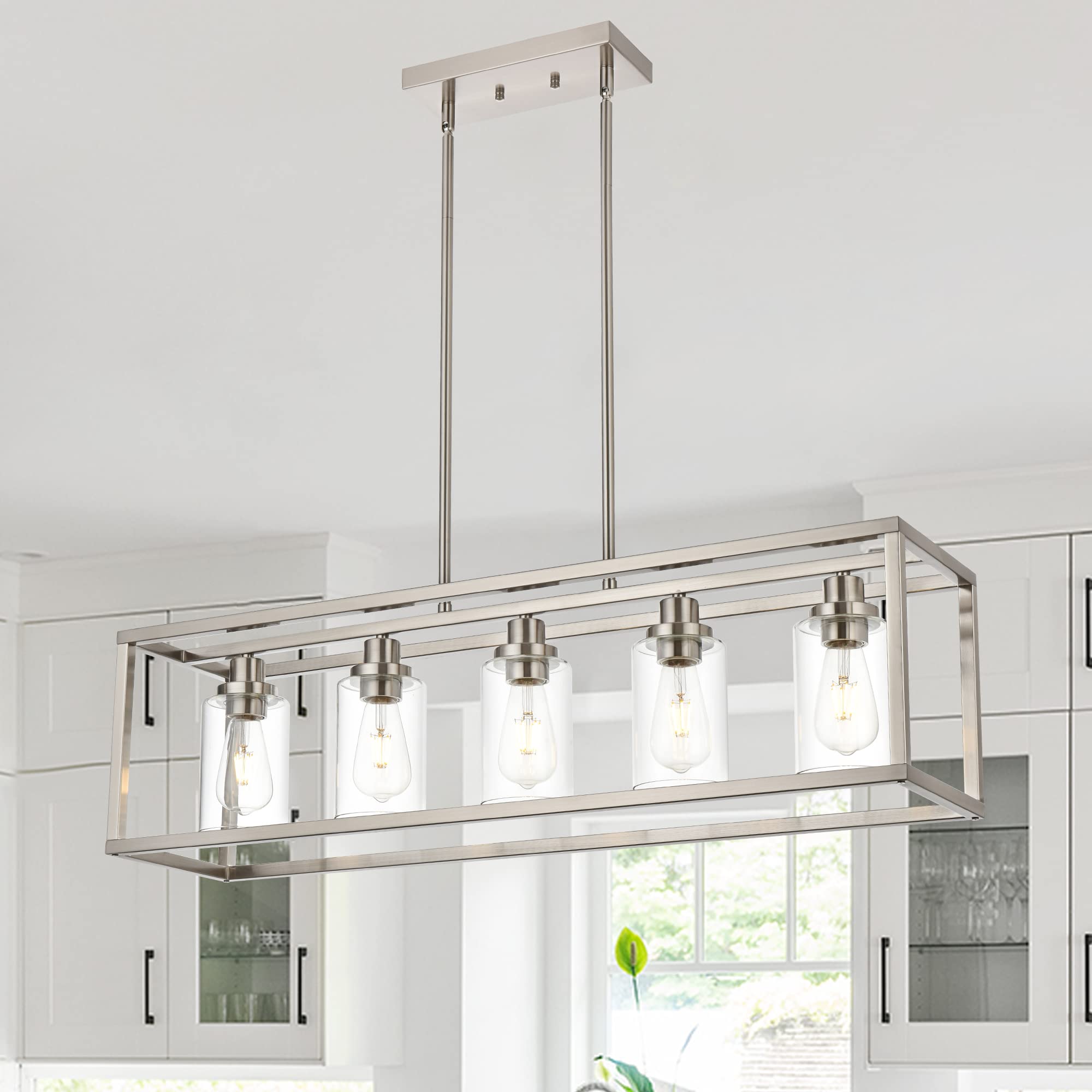 MELUCEE 5-Light Modern Brushed Nickel Pendant Light - Clear Glass Shade Contemporary Chandelier for Dining Room, Kitchen Island, Living Room & Bedroom | Elegant Hanging Lighting Fixture for Home Decor
