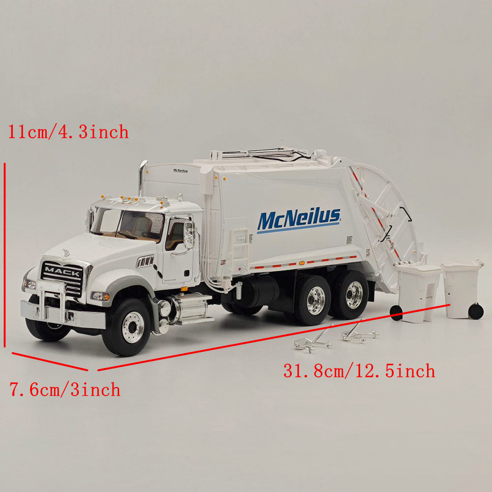 1/34 Scale Mack Granite with McNeilus Rear Load Refuse Body & Trash Carts - White Diecast Model Truck (First Gear 10-4295) - Perfect for Collectors, Display, and Construction-Themed Dioramas