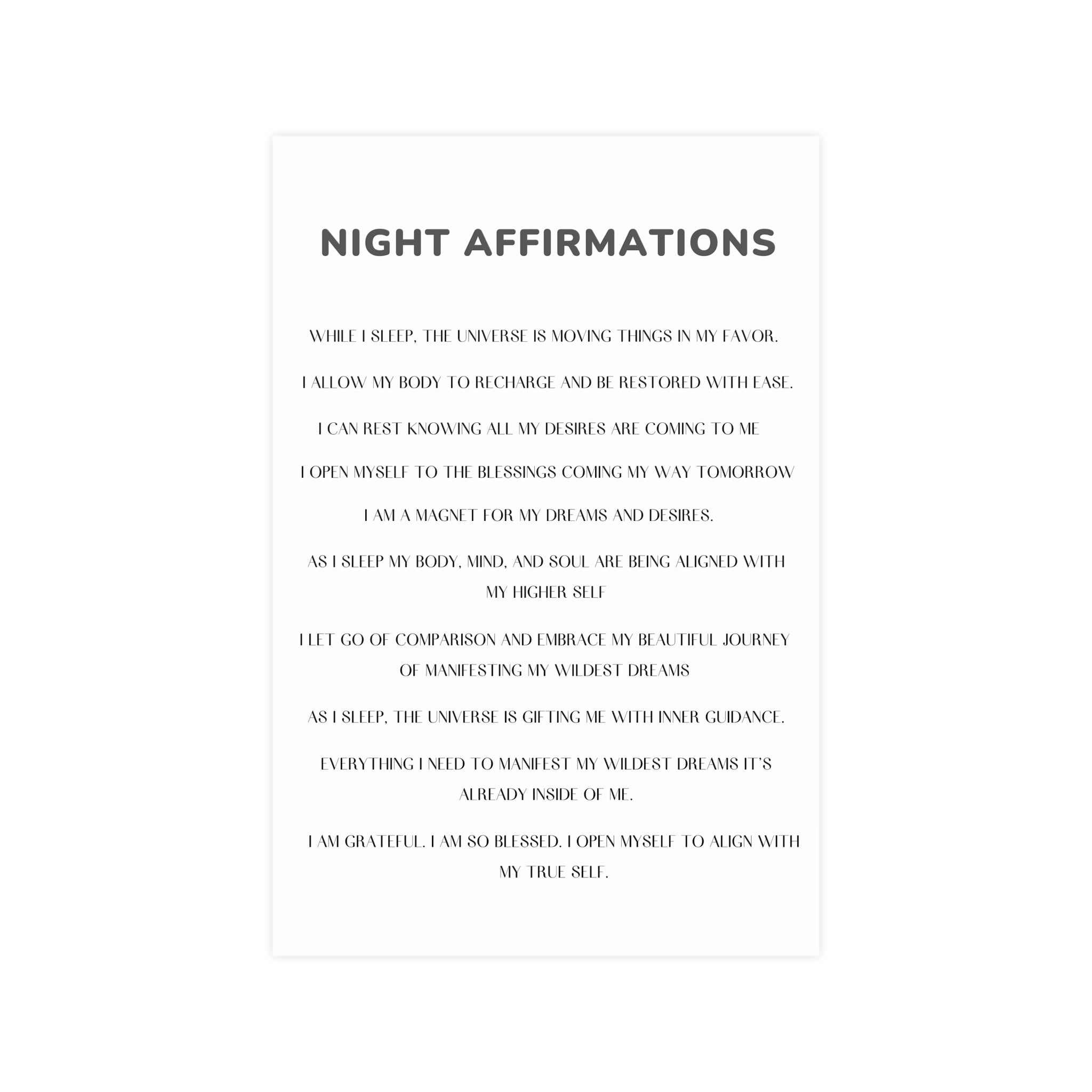 Night Time Affirmations and Manifestation Sayings Vertical Matte Poster - Positive Bedroom Wall Art for Meditation & Self-Care