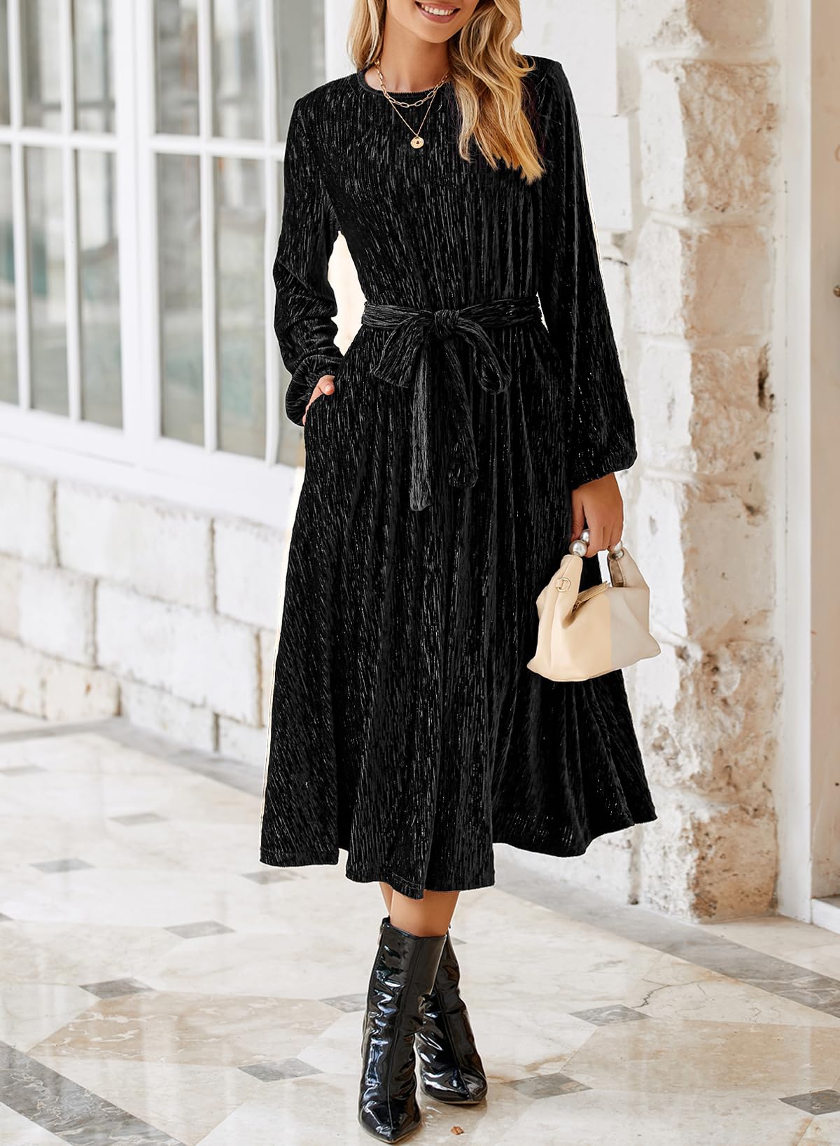 Elegant Women's Velvet A-Line Dress with Lantern Sleeves - High Waist Formal Party Gown for Spring Occasions | Perfect for Weddings, Cocktail Parties & Evening Events