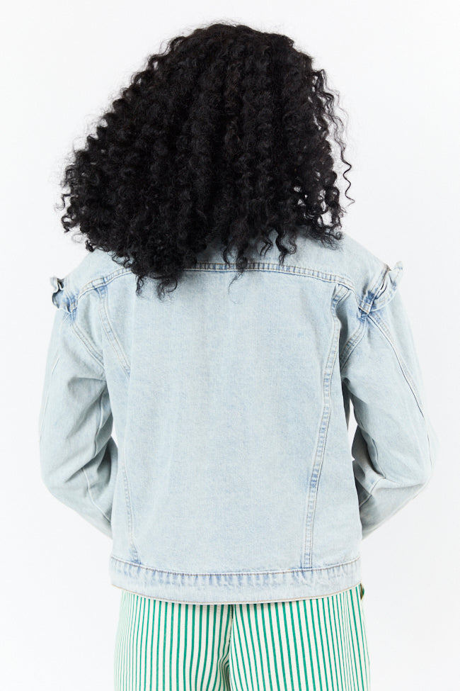 Told You So Light Wash Ruffle Trim Denim Jacket for Women | Vintage Distressed Denim Jacket with Feminine Ruffles | Perfect for Spring Outfits, Casual Wear & Street Style Fashion