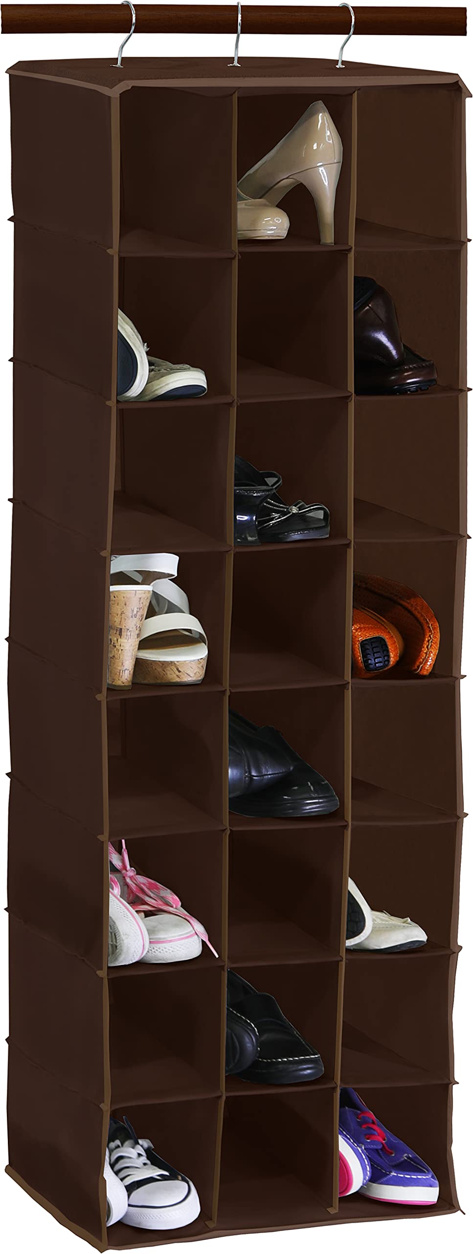 24-Section Hanging Shoe Organizer for Closet - Space Saving Brown Fabric Shoe Rack - Perfect for Bedroom, Dorm, Entryway & Small Space Storage