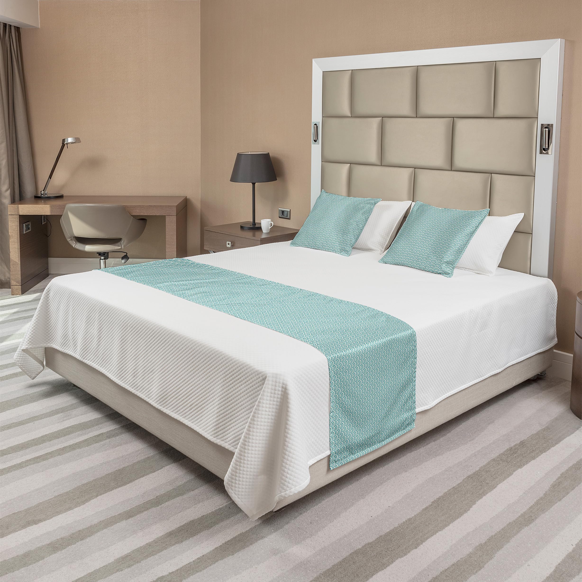 Ambesonne Aqua Bed Runner Set with Curvy Lines & Bubbles Design - Oceanic Summertime Water Sports Theme - Decorative Bedding Scarf & 2 Pillow Shams for Hotels & Homes - Sky Blue & White - Perfect for Beach House Decor, Coastal Bedroom Styling & Summer Vacation Vibes