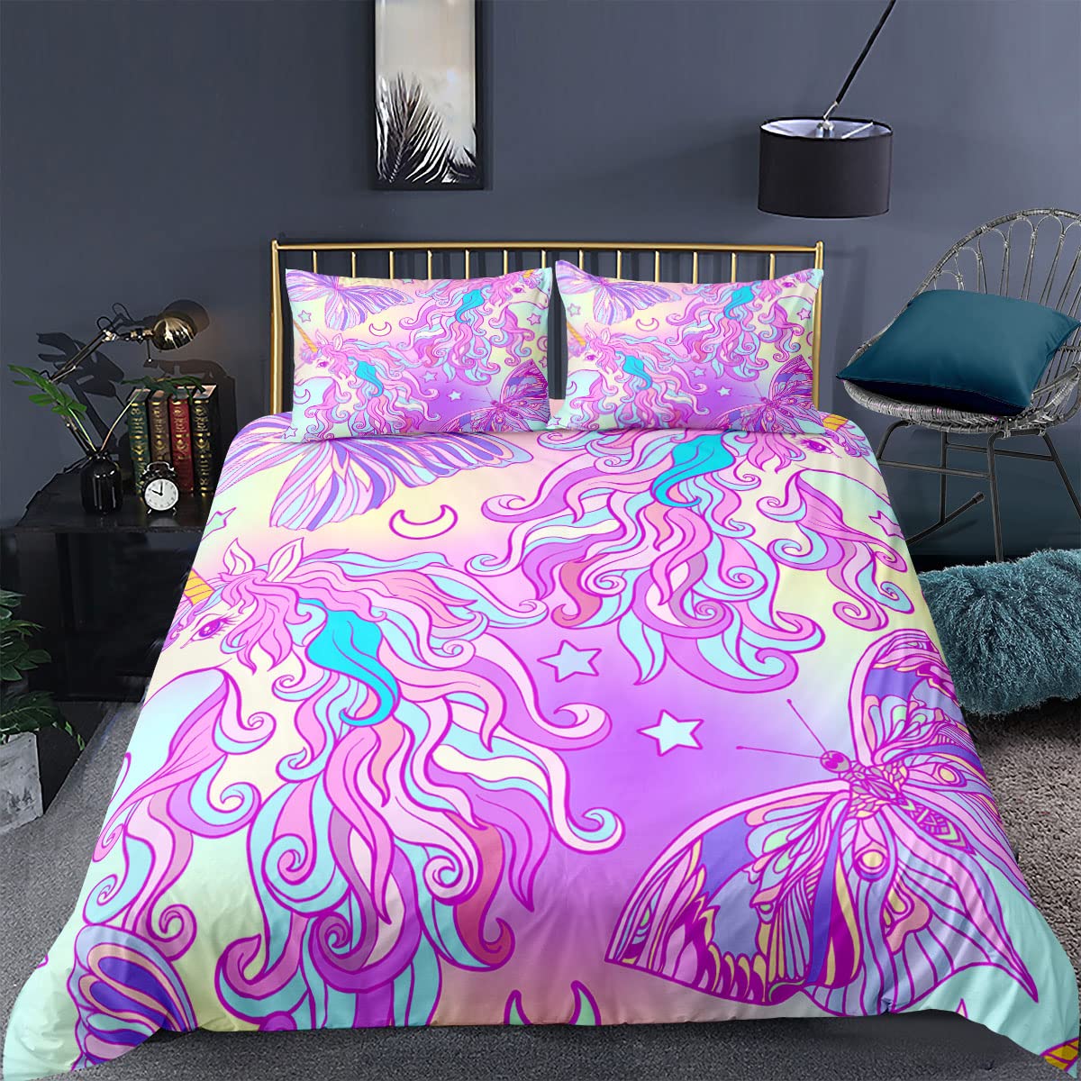Whimsical Unicorn Duvet Cover Set - Pastel Rainbow Stripes Bedding for Kids, Twin Size, 2-Piece Magical Horse Comforter Cover | Perfect for Girls' Bedrooms, Birthday Gifts & Fantasy Themed Decor