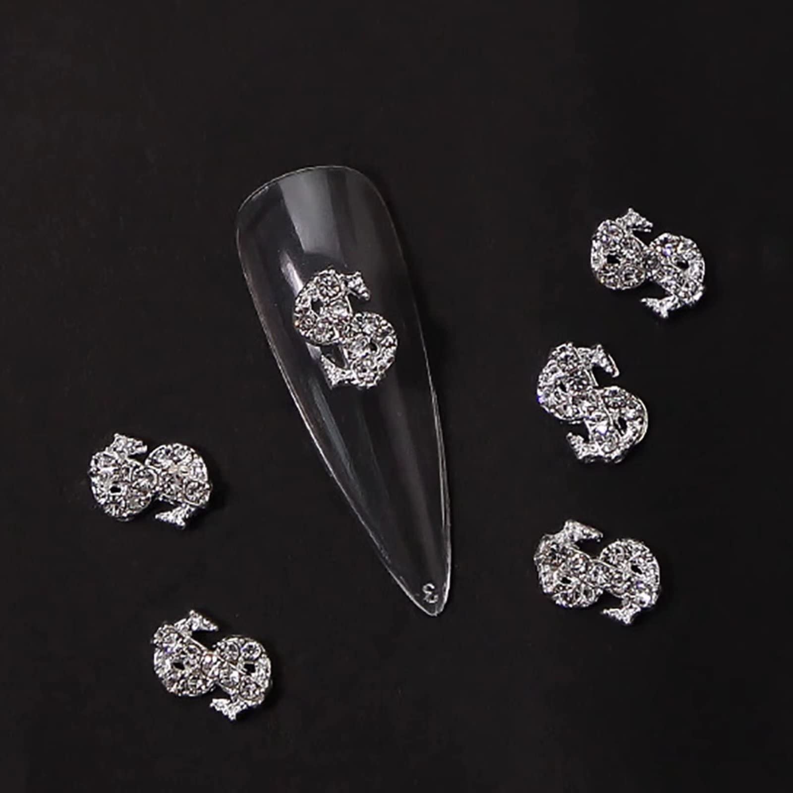 RUNRAYAY 40Pcs 3D Silver Dollar Sign Nail Charms with Rhinestones - Nail Art Studs & Diamond Decorations for DIY Manicure, Retro Nail Jewelry - Perfect for Parties, Weddings, and Special Occasions