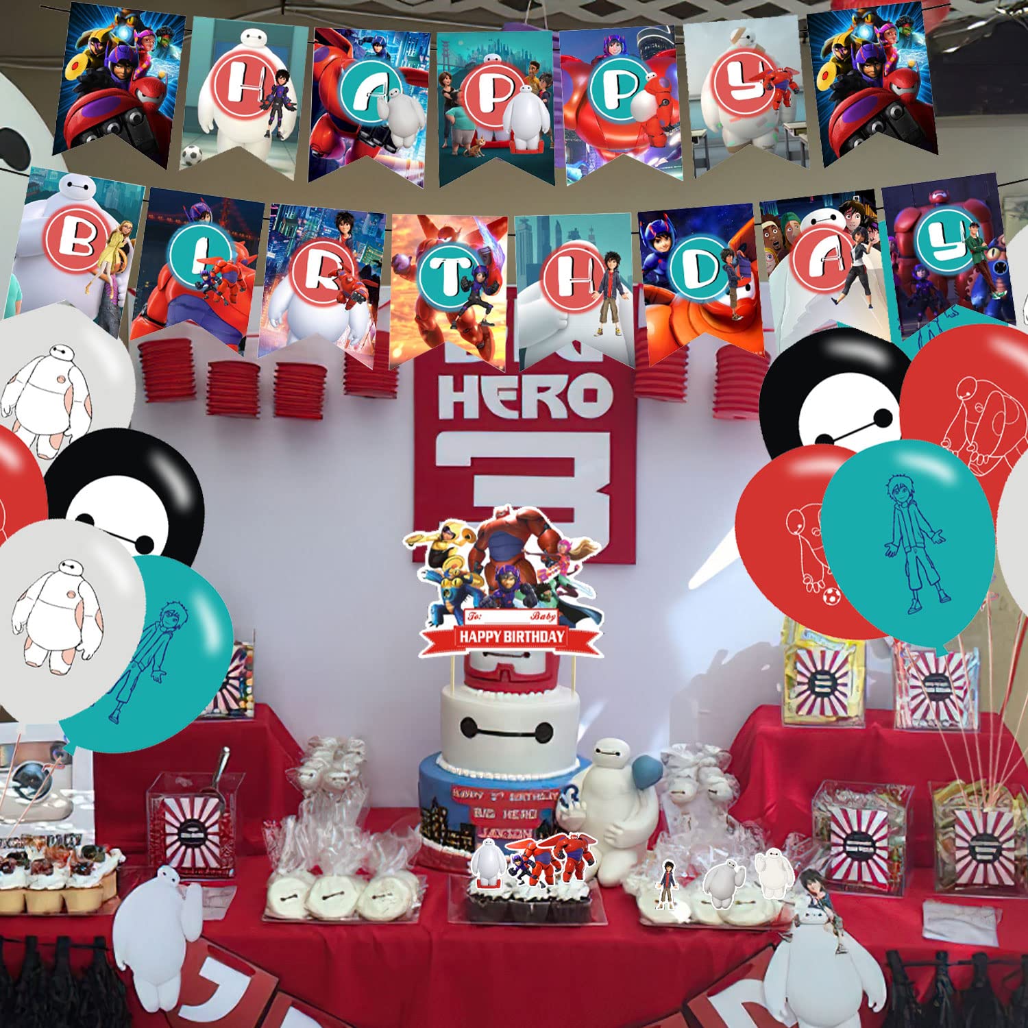 Baymax Hero Birthday Party Decorations Set - Banner, Cake Topper, 12 Cupcake Toppers & 20 Balloons for Kids Disney Big Hero 6 Themed Celebration - Perfect for Birthday Parties, Baby Showers & Disney Movie Nights