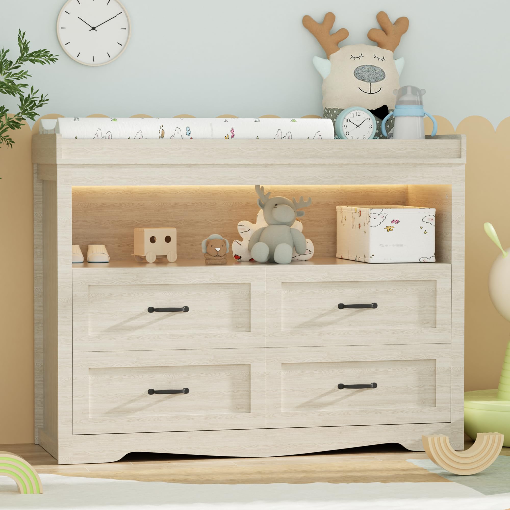 Baby Changing Table Dresser with LED Light - 4-Drawer Nursery Storage Organizer with Changing Station Top for Infants - Perfect for Diaper Changes & Nursery Organization (Beige)