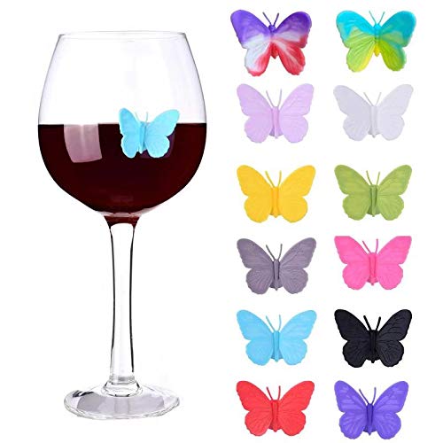 10-Piece Silicone Wine Glass Charms Set with Suction Cup - 12 Butterfly Drink Markers for Parties, Weddings & Wine Tasting Events