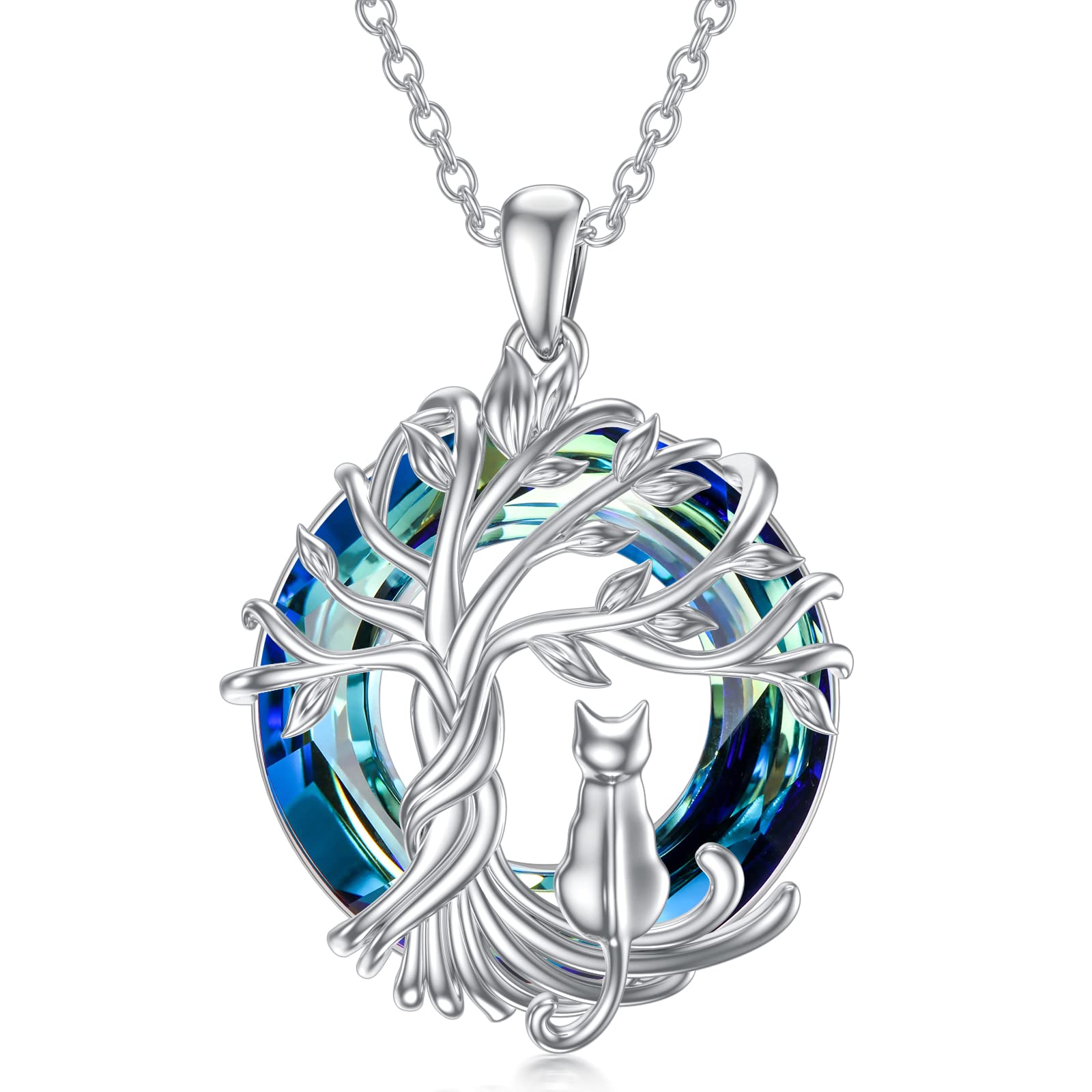 Sterling Silver Cat Tree of Life Pendant Necklace with Blue Crystal - Cute Cat Jewelry Gift for Women, Cat Lovers - Perfect for Birthday, Christmas & Everyday Wear