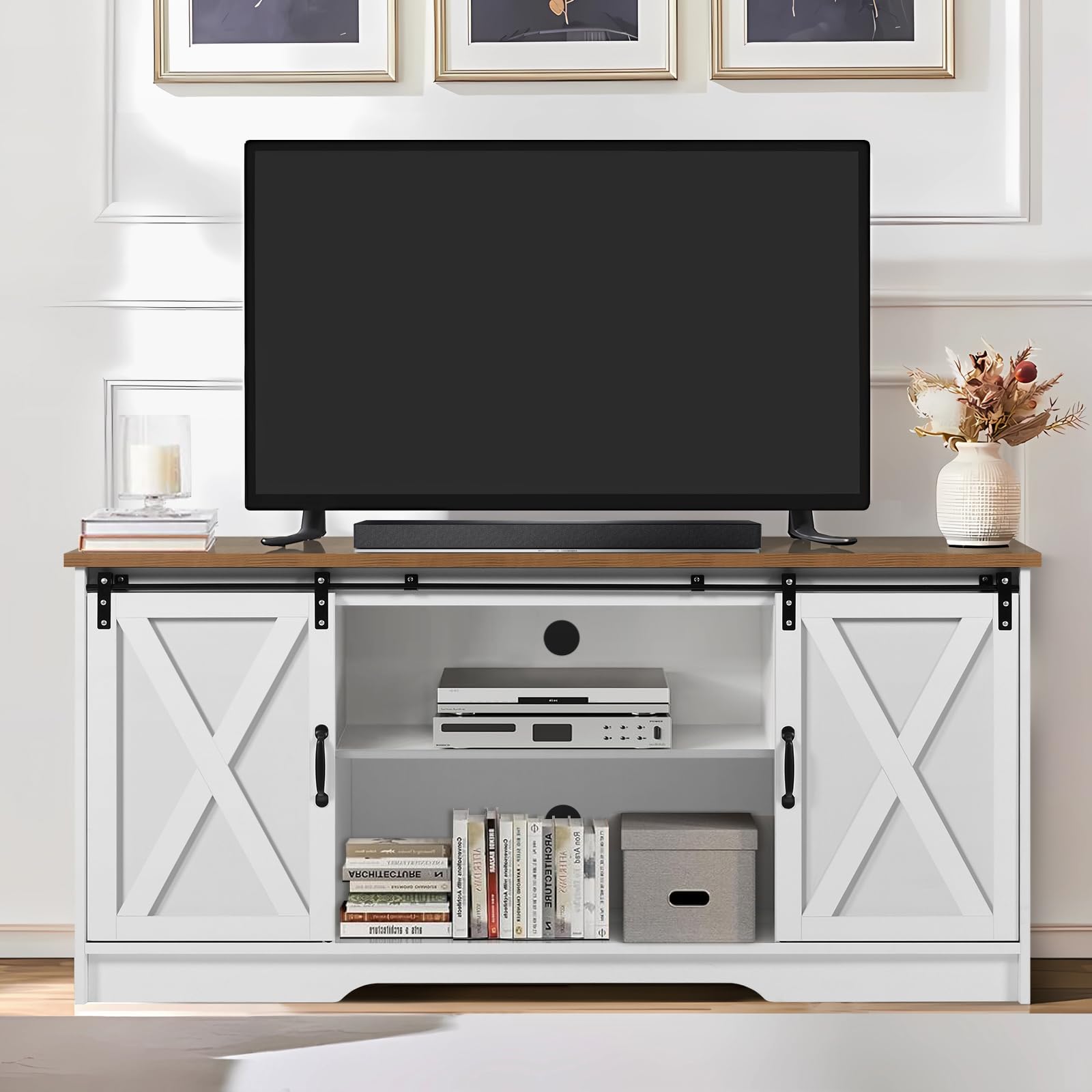 4 EVER WINNER White TV Stand for 65 Inch TV, Farmhouse Style Entertainment Center with Sliding Barn Doors - Holds TVs up to 65+ Inches, Adjustable Shelves for Living Room, Bedroom or Home Theater Setup