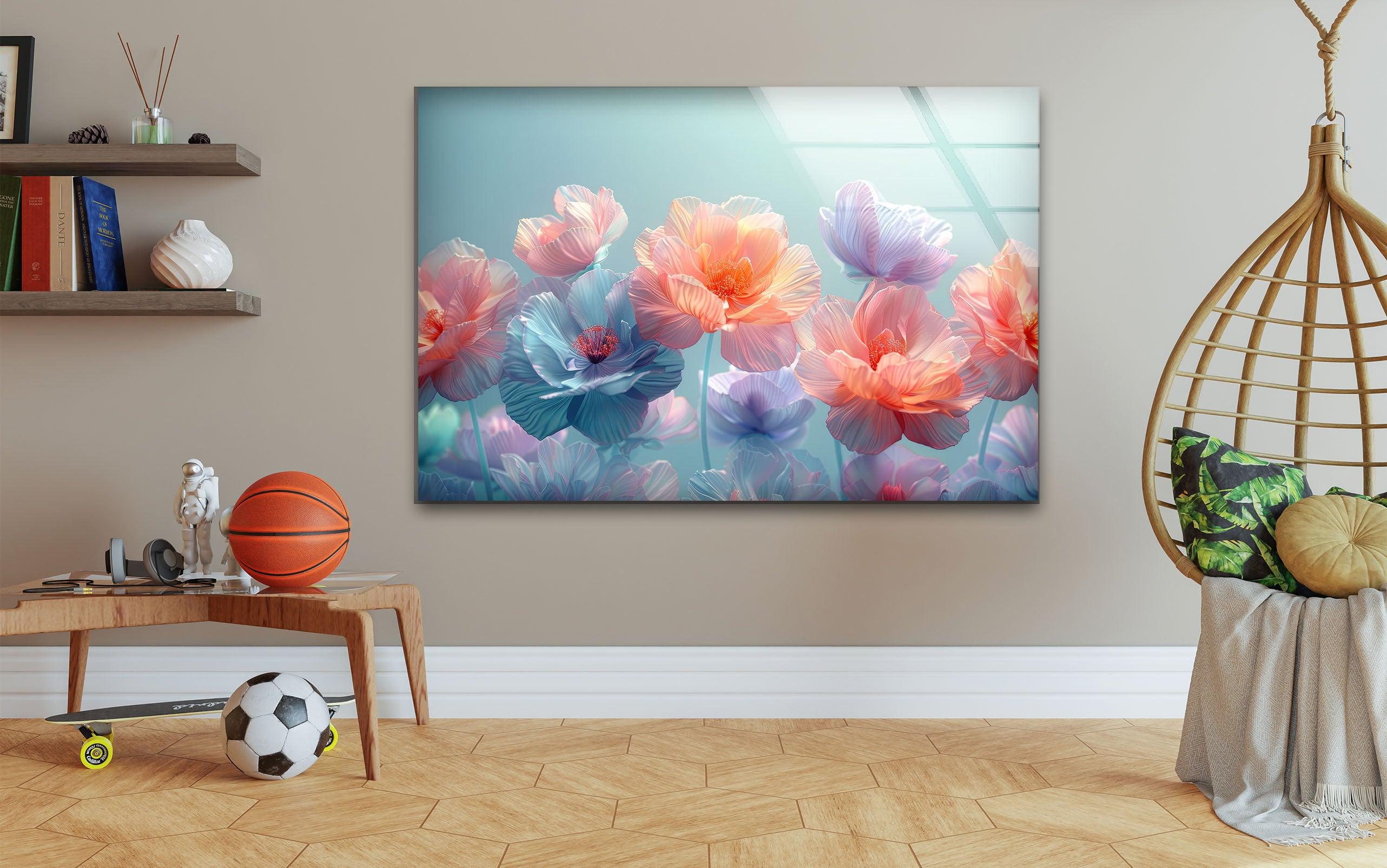Pastel Floral Glass Wall Art - Handmade Decorative Panel for Living Room, Bedroom & Office Decor - Elegant Home & Gift Idea
