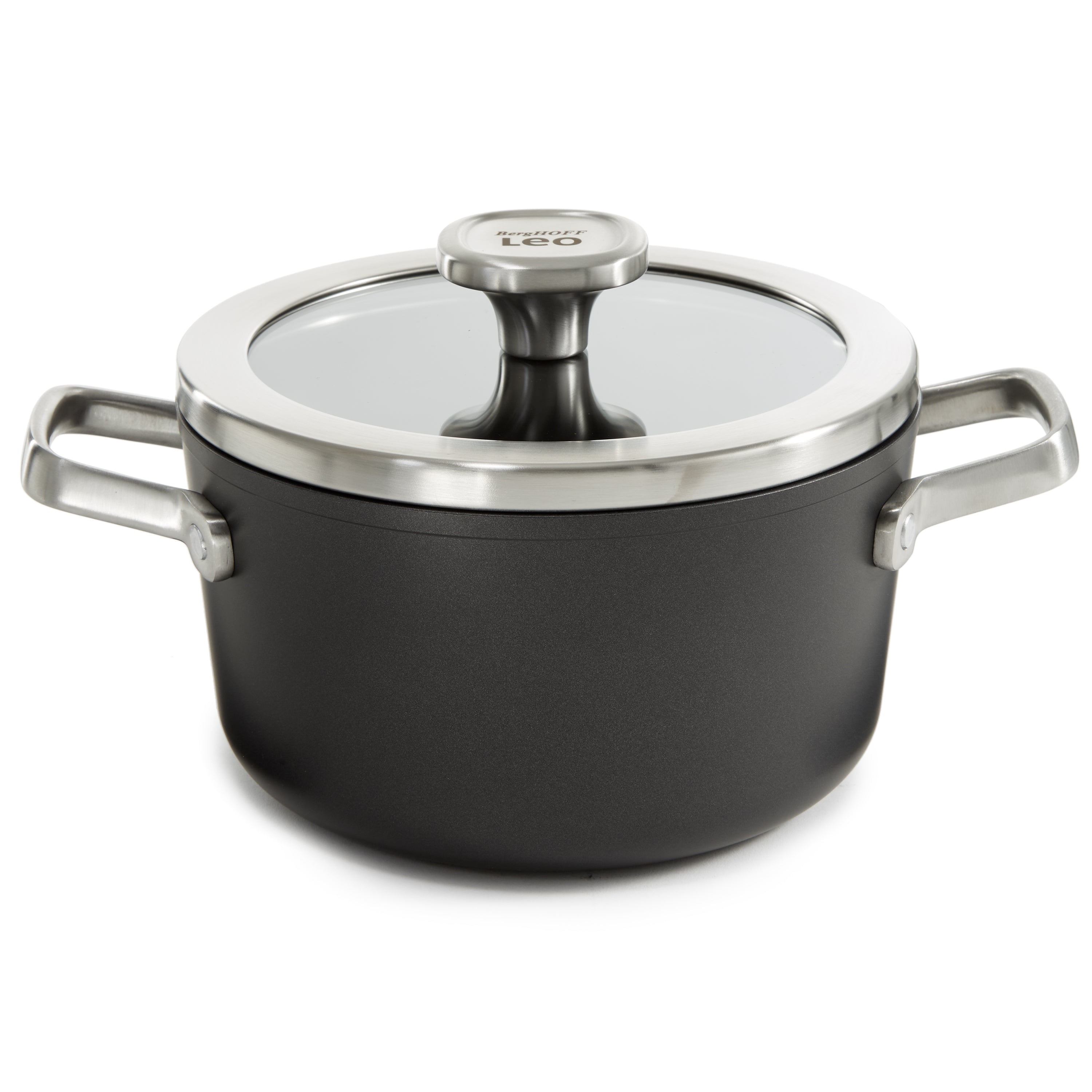 BergHOFF Leo Graphite 8-Inch Nonstick Ceramic Stockpot 3.3 Quart with Glass Lid | Eco-Friendly Recycled Material Cookware for Soups, Stews & Pasta | Induction Compatible Dutch Oven for Home Cooking