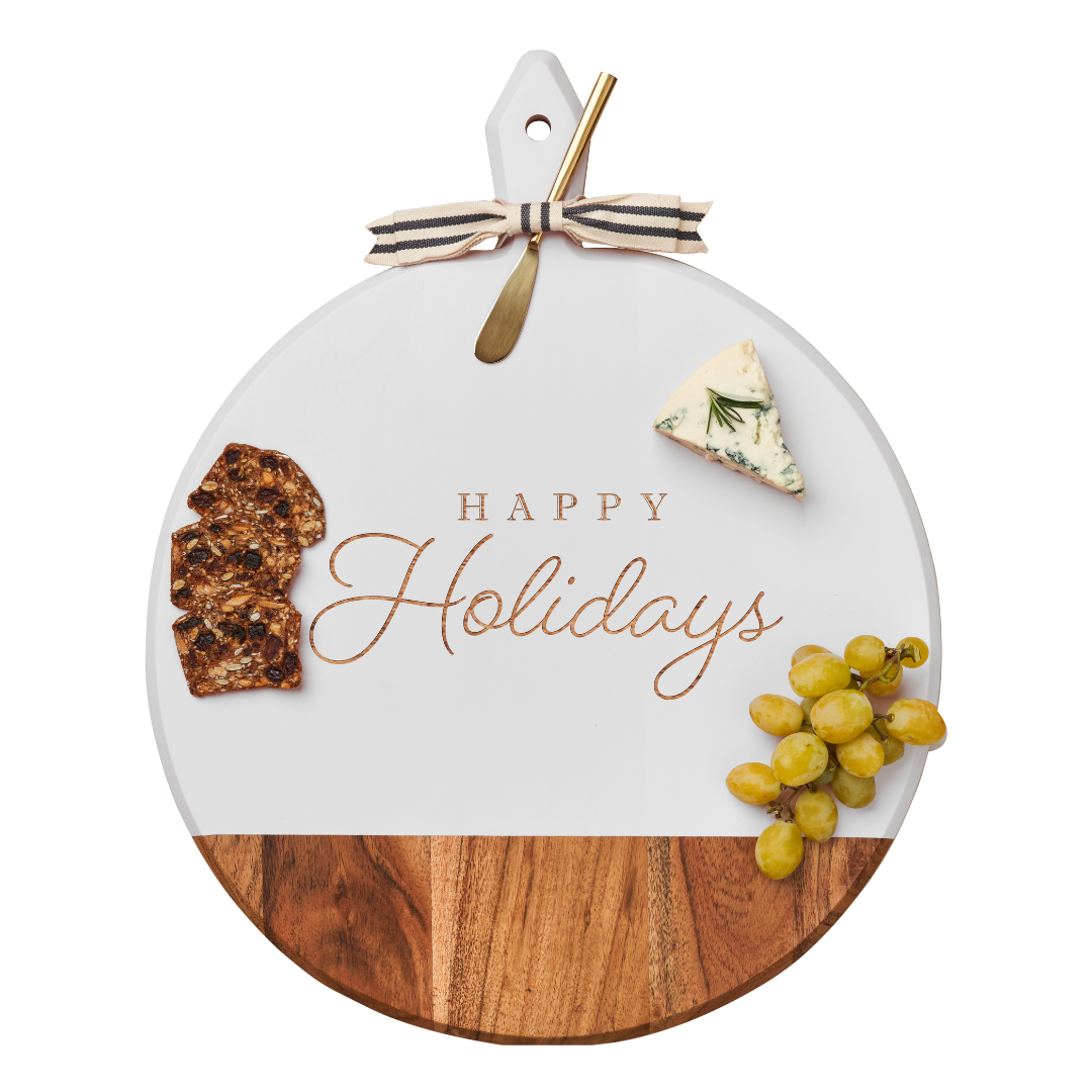 Acacia Wood Round Charcuterie Board with Gold Cheese Spreader & Ribbon - 20 x 16 Inch - Perfect for Holiday Gifts, Cheese Platters & Entertaining