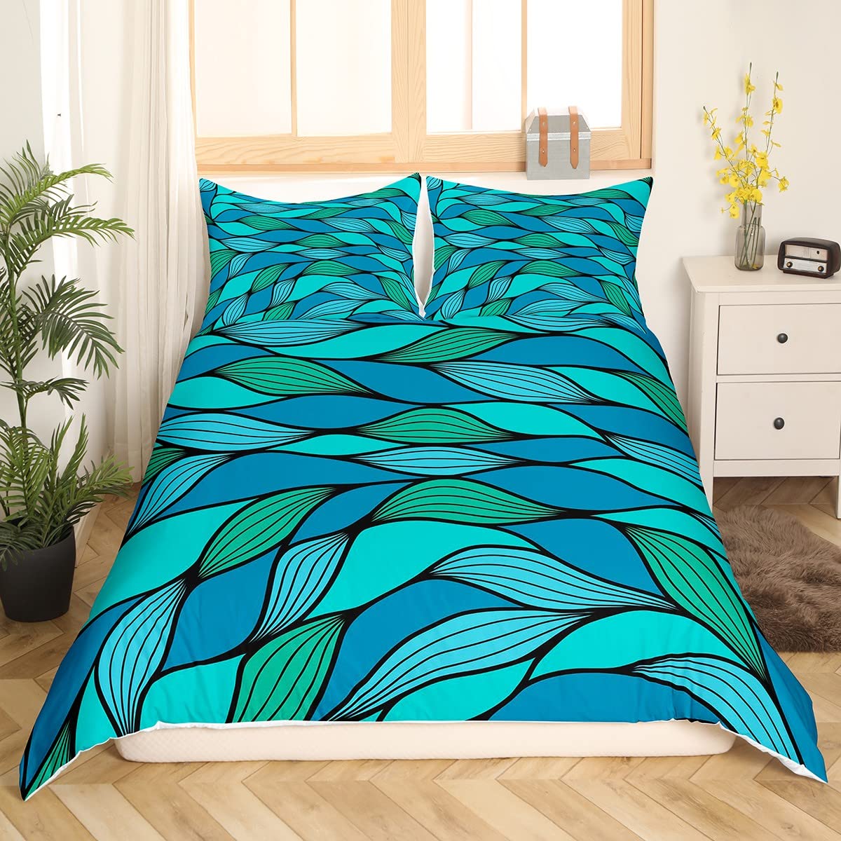 Abstract Ocean Waves Geometric Duvet Cover Set Twin Size - 2 Piece Kids Teens Girls Bedding with Swirl Teal Spiral Stripes Design & 1 Pillowcase - Perfect for Coastal Themed Bedrooms, Teen Room Decor, and Modern Nursery Designs